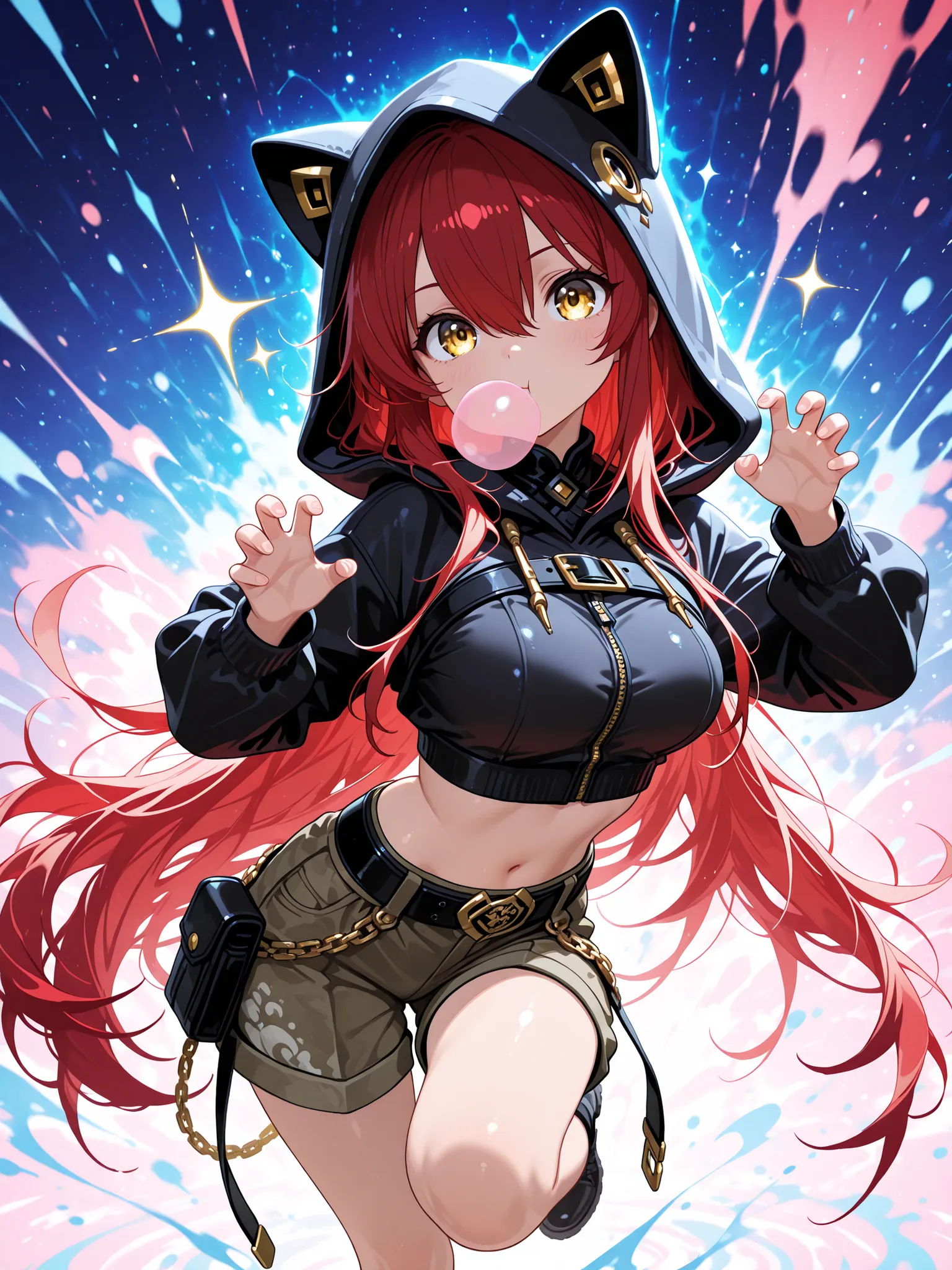1 girl , golden eyes , very long hair , long sidelocks, red hair ,half updo, petite , very cute , beautiful ,Straight hair, cool, handsome, hair between eyes, sexy, mediumlarge breasts, hoodie with hood, crop hoodie, hood up, cargo shorts, rivet belt, slan...