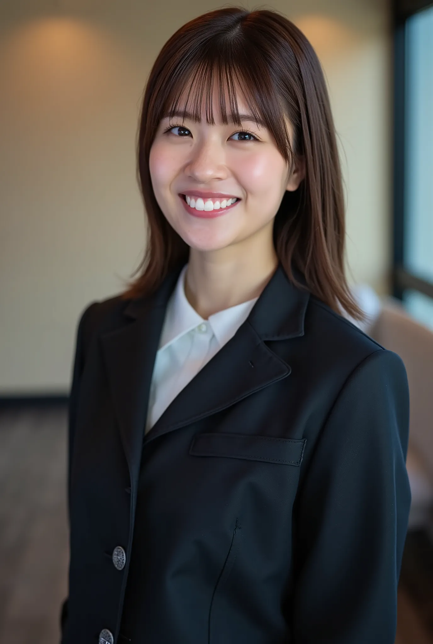 Neat Young Woman、and look at the camera、smile showing teeth、office lady suit、jacket、shirt、髪型ショートカット、 黒髪、、dark eyeshadow、upper body、Background is in a room、