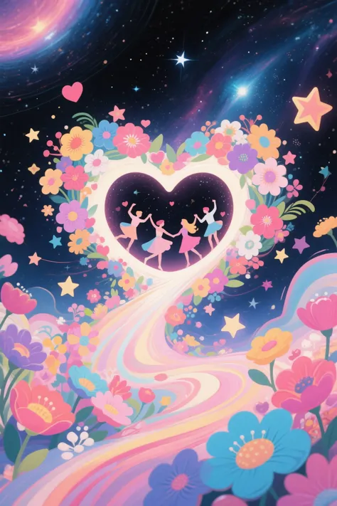 abstract, feminine, flowers, stars, colorful, portal, love, outer space, dance, happy, sophia freimuth style