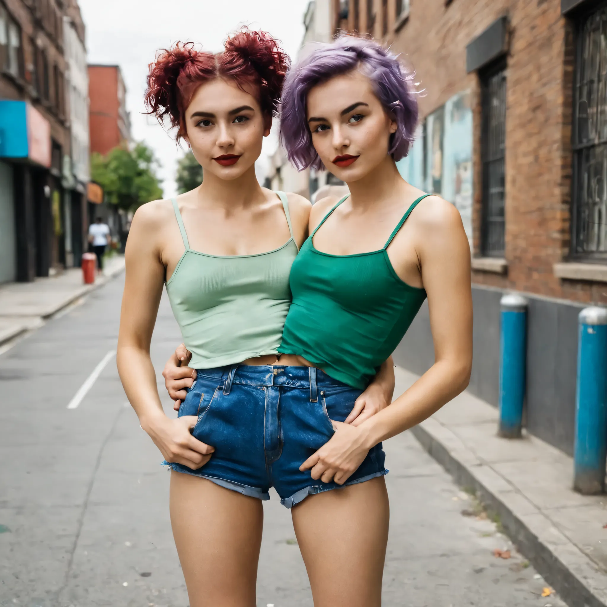(two torsos:1.3), 2girls, holding waist, female couple, 8, conjoined, leaning, holding waist, hipsters, pixie hair, casual clothes, on the street