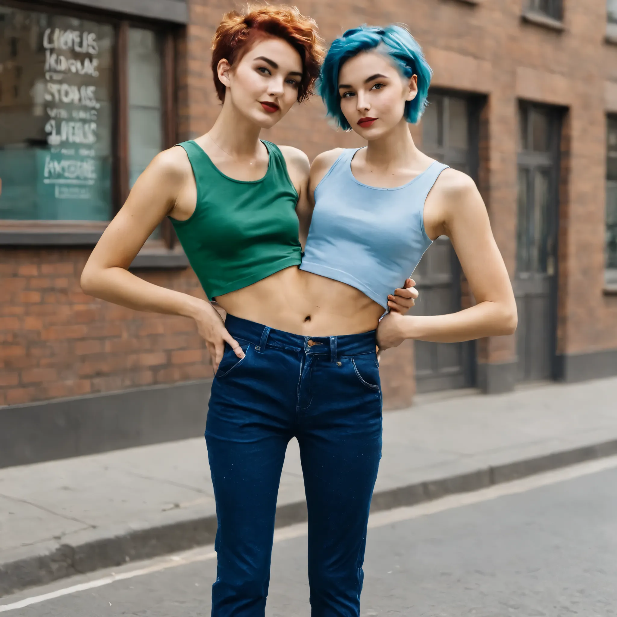 (two torsos:1.3), 2girls, holding waist, female couple, 8, conjoined, leaning, holding waist, hipsters, pixie hair, casual clothes, on the street