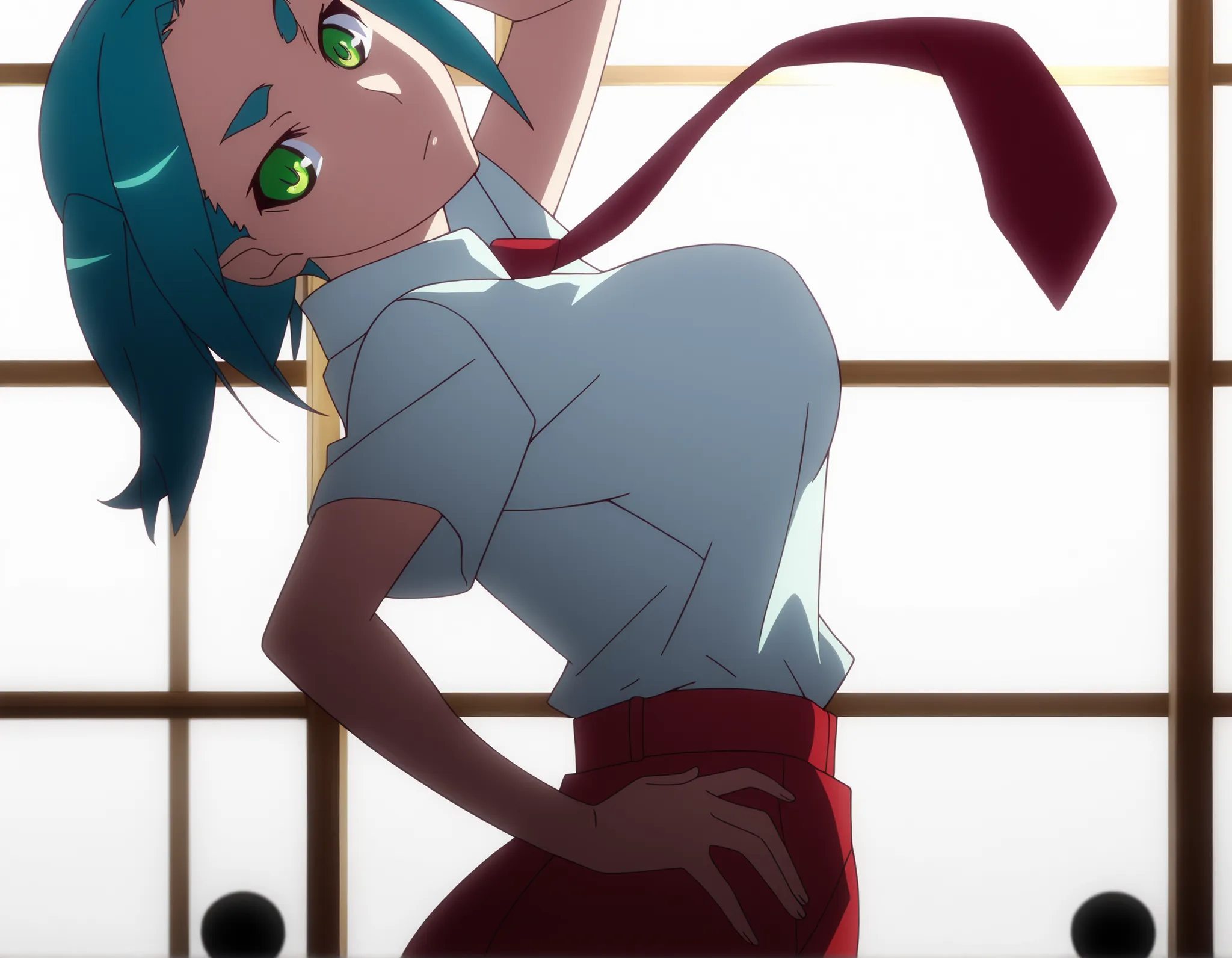 anime screencap,anime coloring, best quality,OnonokiYotsugi, aqua hair, green eyes, large breasts, red dress pants, hips, narrow waist, short hair, expressionless, white dress shirt, tie, hand on hip, backlighting, sliding_doors, white background, looking ...