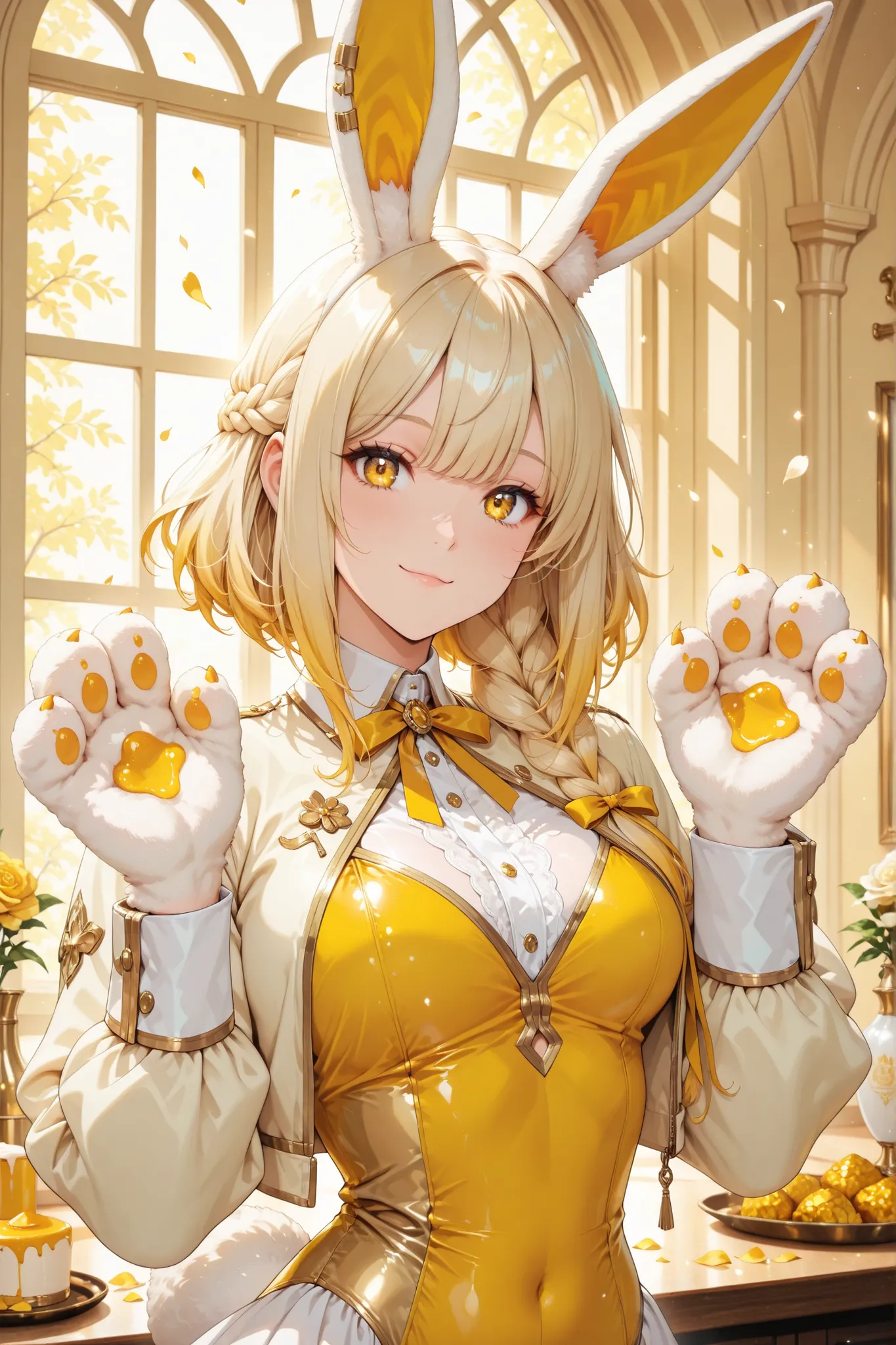 ((masterpiece, best quality, anime style, ultra-detailed)), 1girl, solo, beastwoman, –19, cute and elegant build, fluffy yellow bunny ears:1.6, fluffy yellow bunny tail:1.4, golden-yellow eyes:1.4, soft warm smile, fair skin, pale yellow hair in braid with...