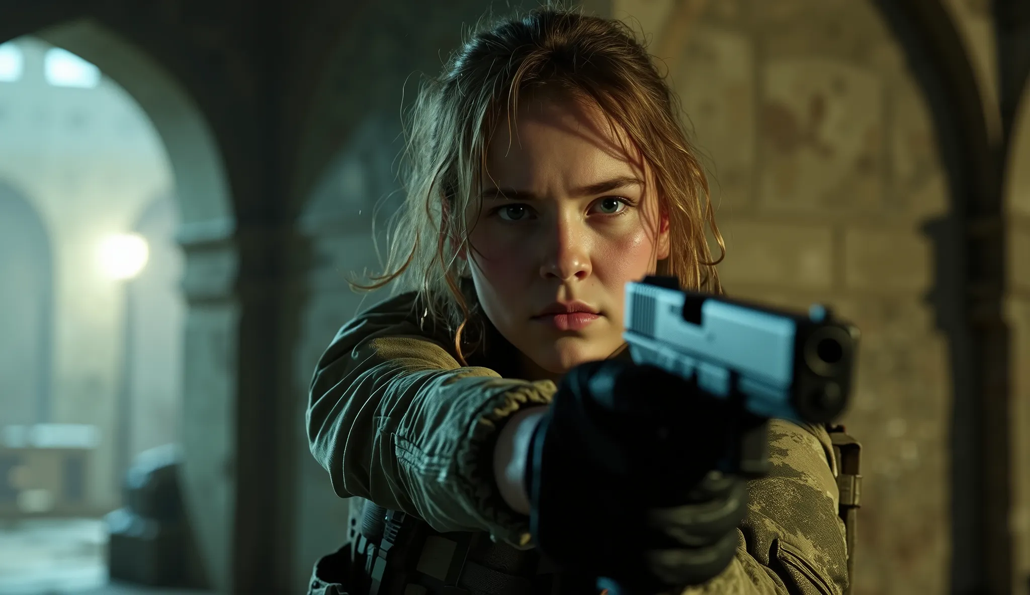 War photo, a young girl soldier, Serious face, holding with a Glock 17 Gen 4 pistol, heavy fighting inside the dungeon, dynamic angle camera, detailed rendering with volumetric light and splash of color, 
