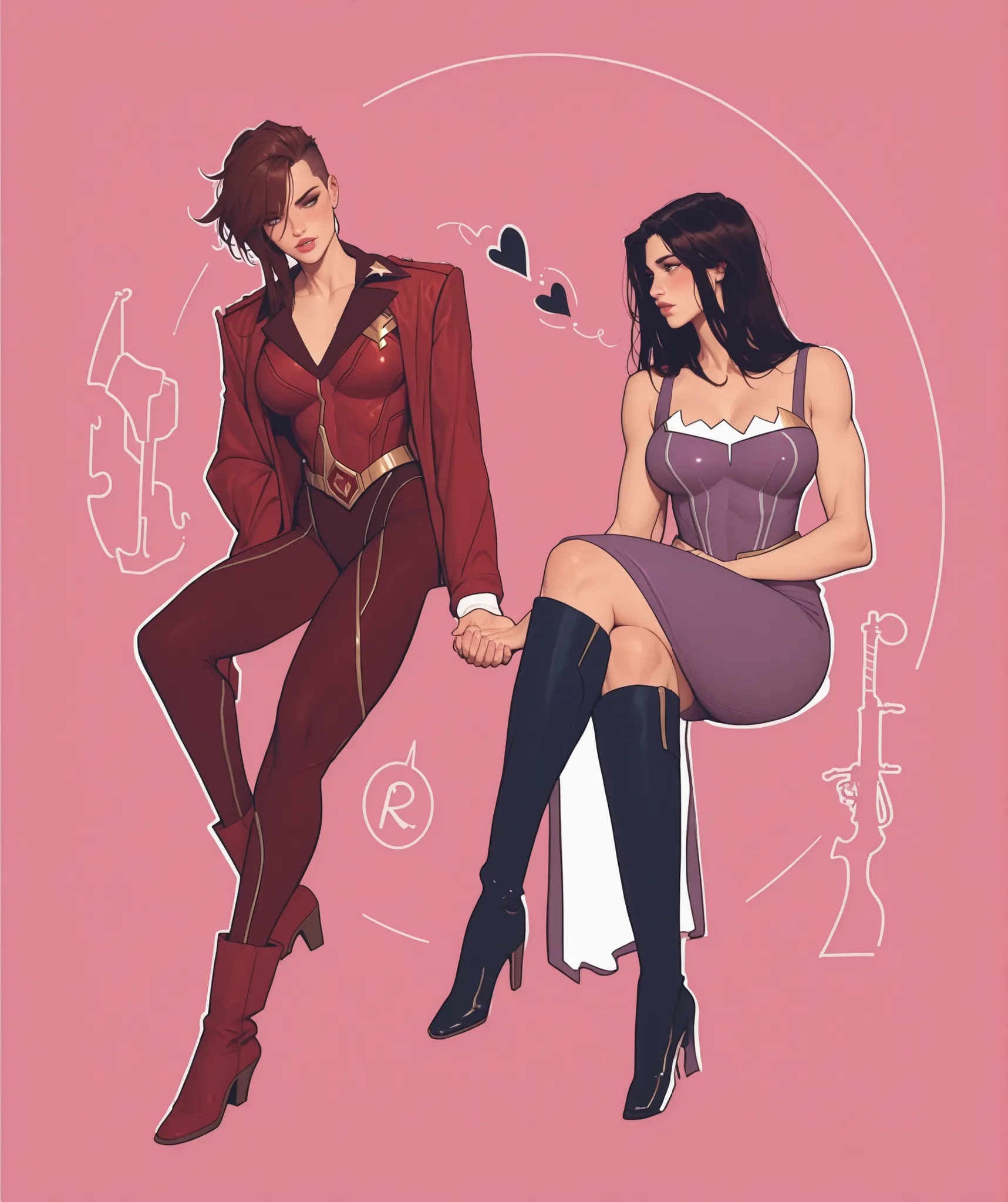 2girls, lesbian couple, strong butch girl ALVI and her curvy voluptuous girlfriend WonderwomanRB are in an intimate romantic moment holding hand,  WonderwomanRB has black long  hair, ALVI has red short undercut hair, WonderwomanRB is sitting with legs cros...