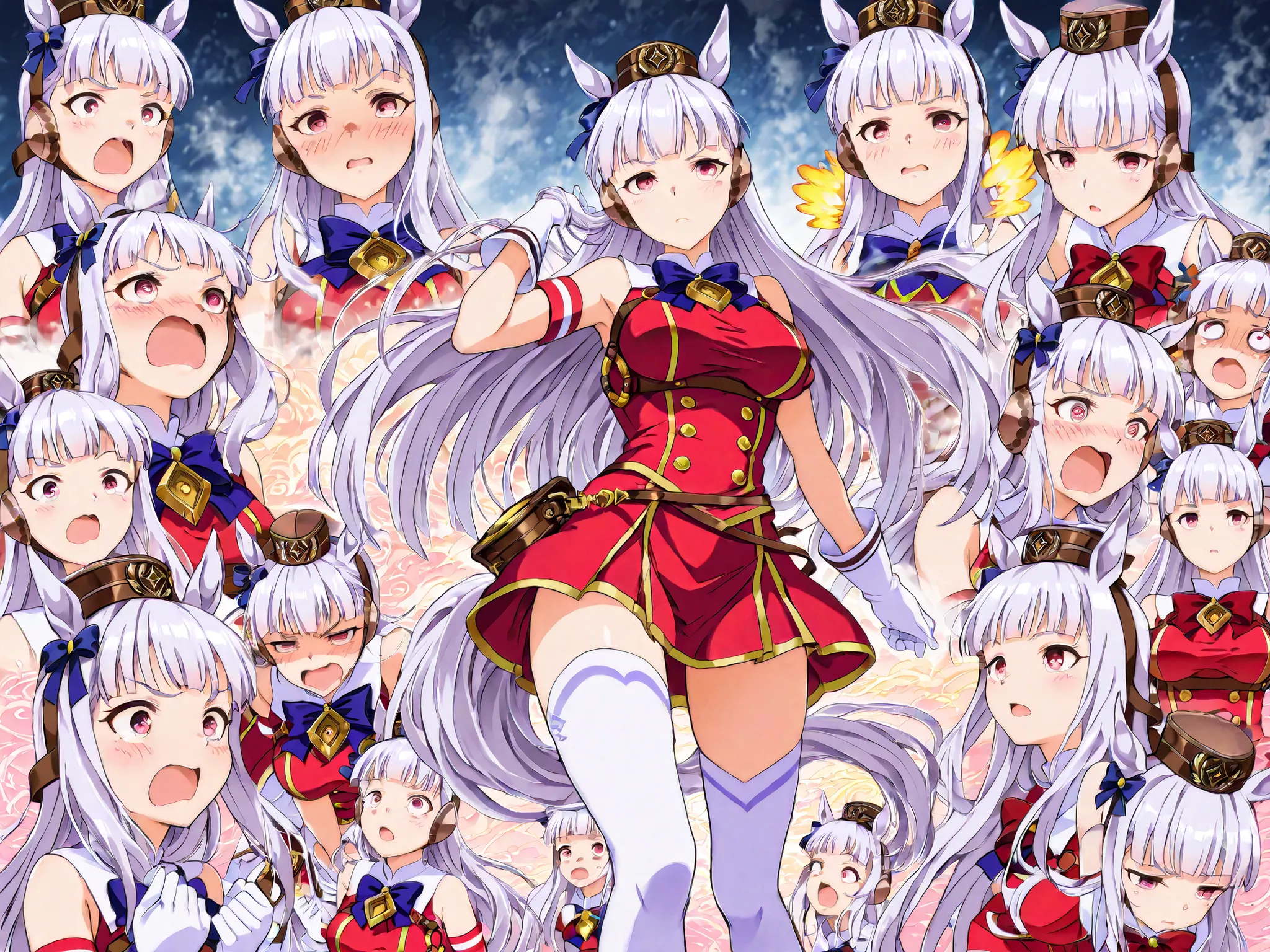 masterpiece、gold ship(Uma Musume)、High Quality、4K、1 girl, bright red flushed face, steam rising from their head, and swirling spiral eyes, showing extreme embarrassment or confusion, vibrant colors, exaggerated expressions, anime art style
, blush、しゃがむ, Lo...