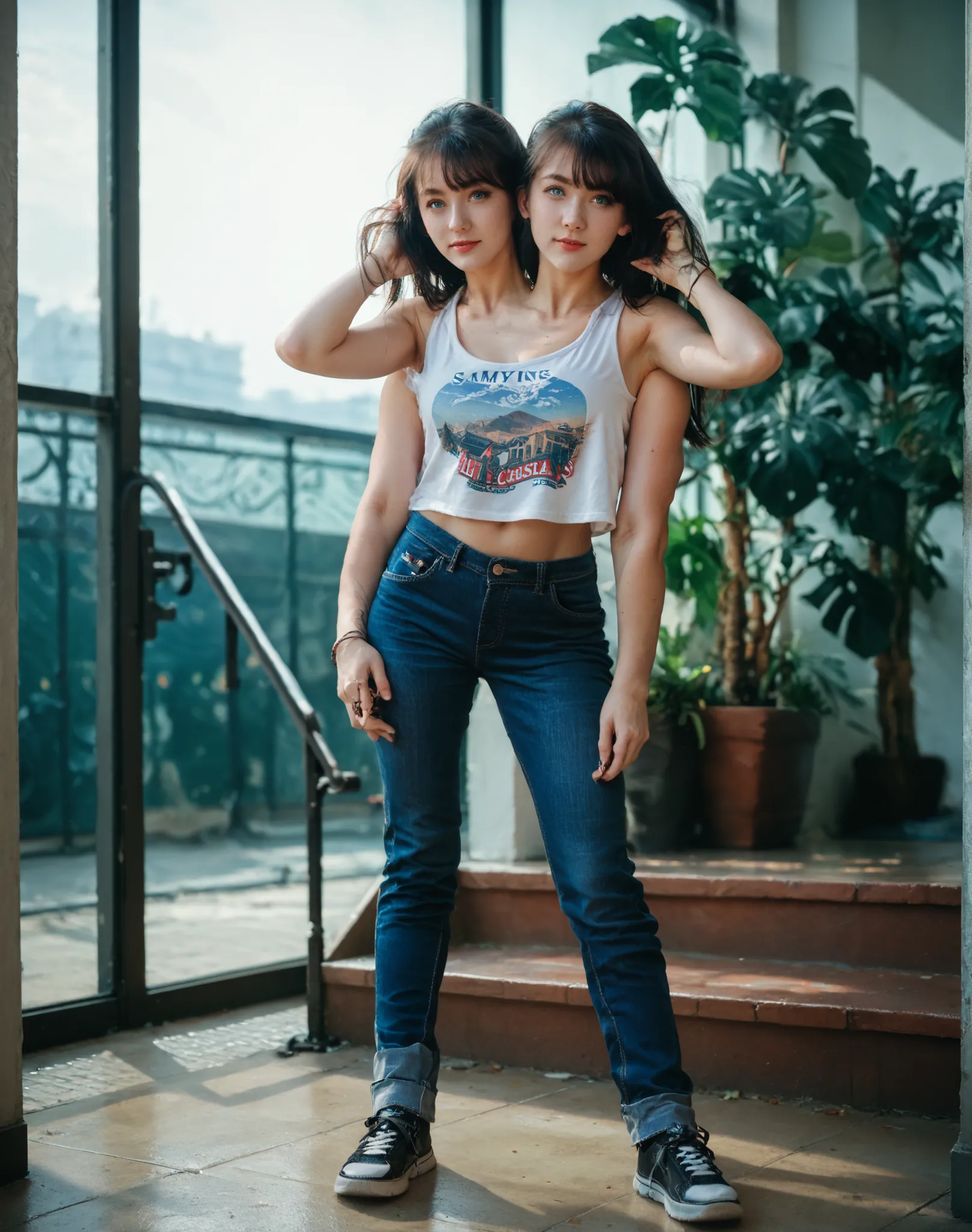 best resolution,full body, american high school student with two heads, blue eyes, short hair, long hair, straight hair, hair down, graphic tanktop, four arms, jeans