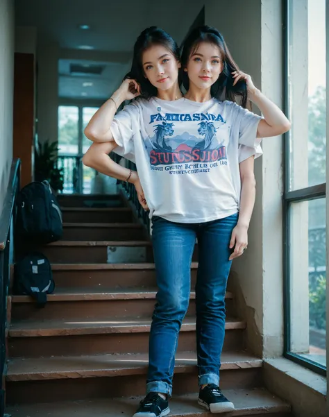 best resolution,full body, american high school student with two heads, blue eyes, short hair, long hair, straight hair, hair down, graphic t-shirt, four arms, jeans
