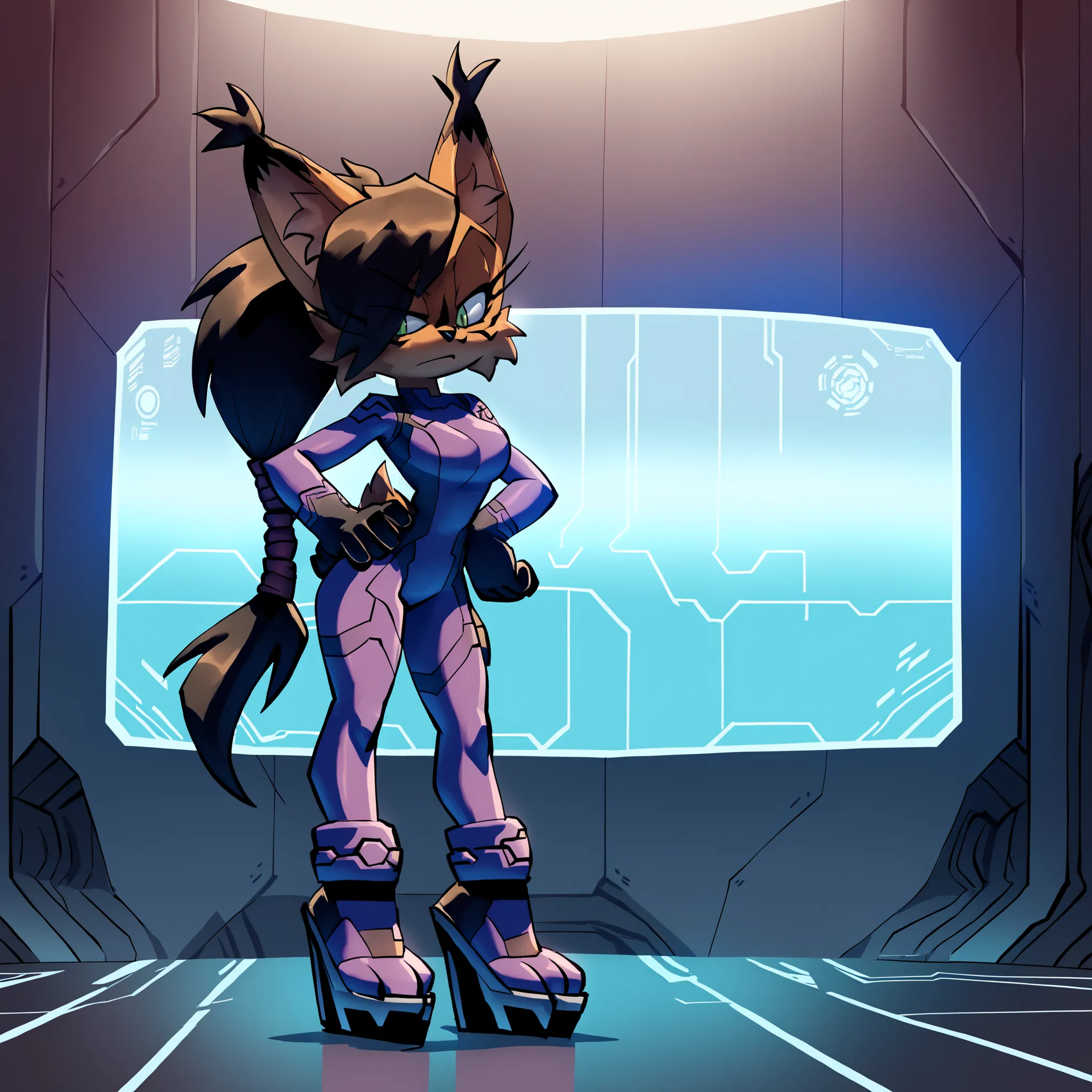 (Hair bangs over one eye), long black hair, (ponytail), (long hair), ((long ponytail)), nicole the lynx, green eyes, black hair, brown fur, black eyes, zero suit, (platform footwear), high heels, ((purple suit)), futuristic gun, Mobian Lynx, 1girl, (Lynx),...