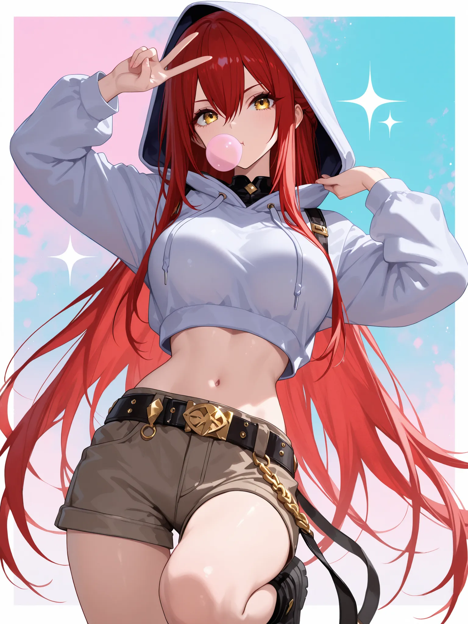 1 girl , golden eyes , very long hair , long sidelocks, red hair ,half updo, petite , very cute , beautiful ,Straight hair, cool, handsome, hair between eyes, sexy, mediumlarge breasts, hoodie with hood, crop hoodie, hood up, cargo shorts, rivet belt, slan...