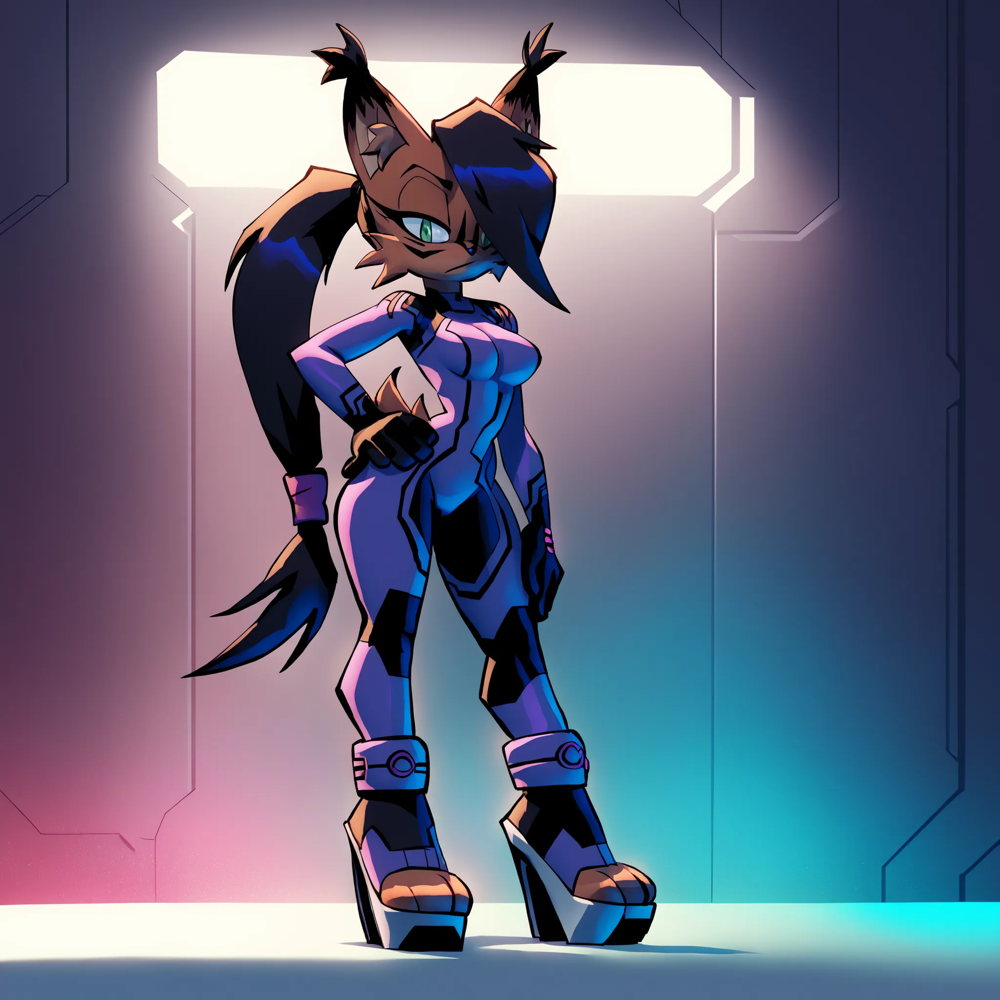 (Hair bangs over one eye), long black hair, (ponytail), (long hair), ((long ponytail)), nicole the lynx, green eyes, black hair, brown fur, black eyes, zero suit, (platform footwear), high heels, ((purple suit)), futuristic gun, Mobian Lynx, 1girl, (Lynx),...
