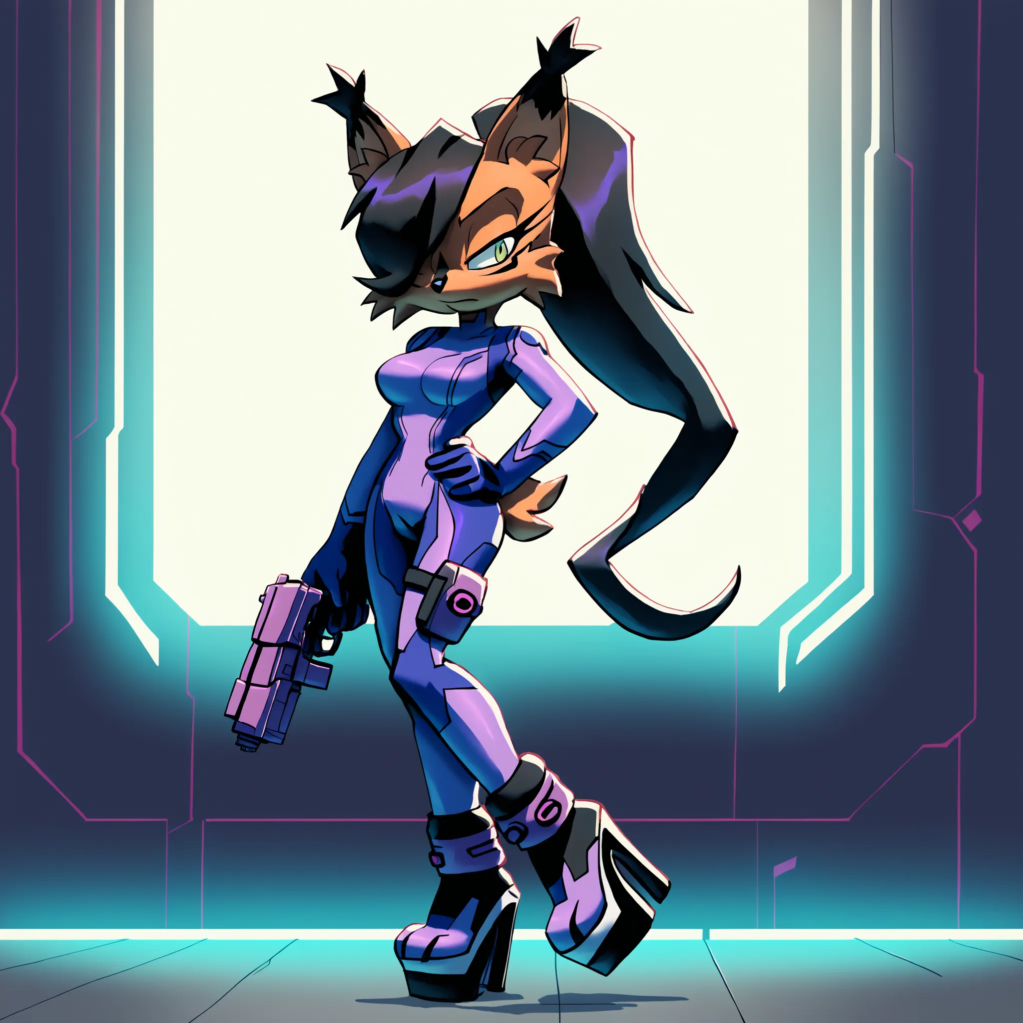 (Hair bangs over one eye), long black hair, (ponytail), (long hair), ((long ponytail)), wide ponytail, nicole the lynx, green eyes, black hair, brown fur, black eyes, zero suit, (platform footwear), high heels, ((purple suit)), (carrying futuristic gun), M...