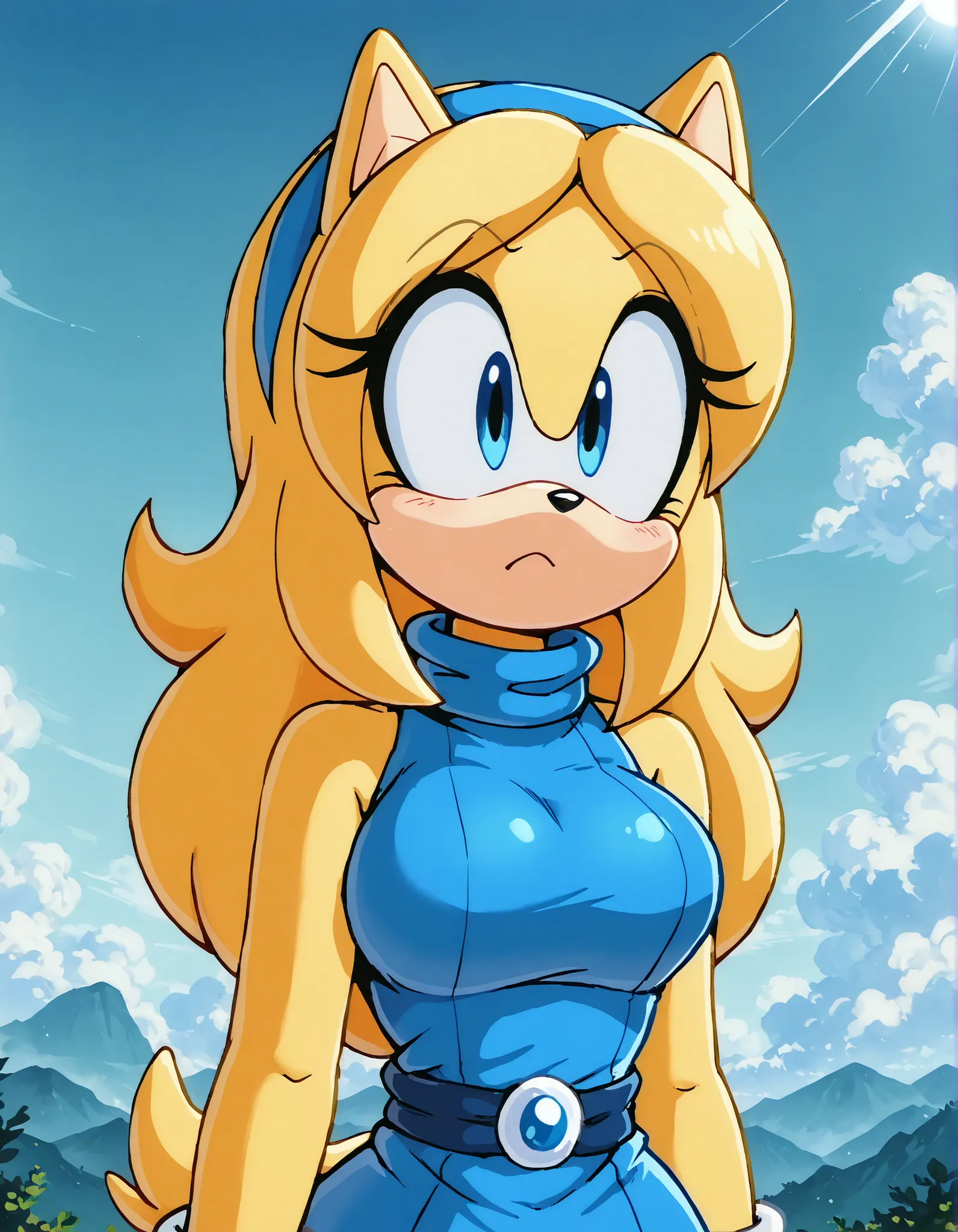 masterpiece, best quality, newest, absurdres, highres, very awa, 1girl, blue dress, mariarobotnikfurry, blonde hair, medium breasts, drgbls1