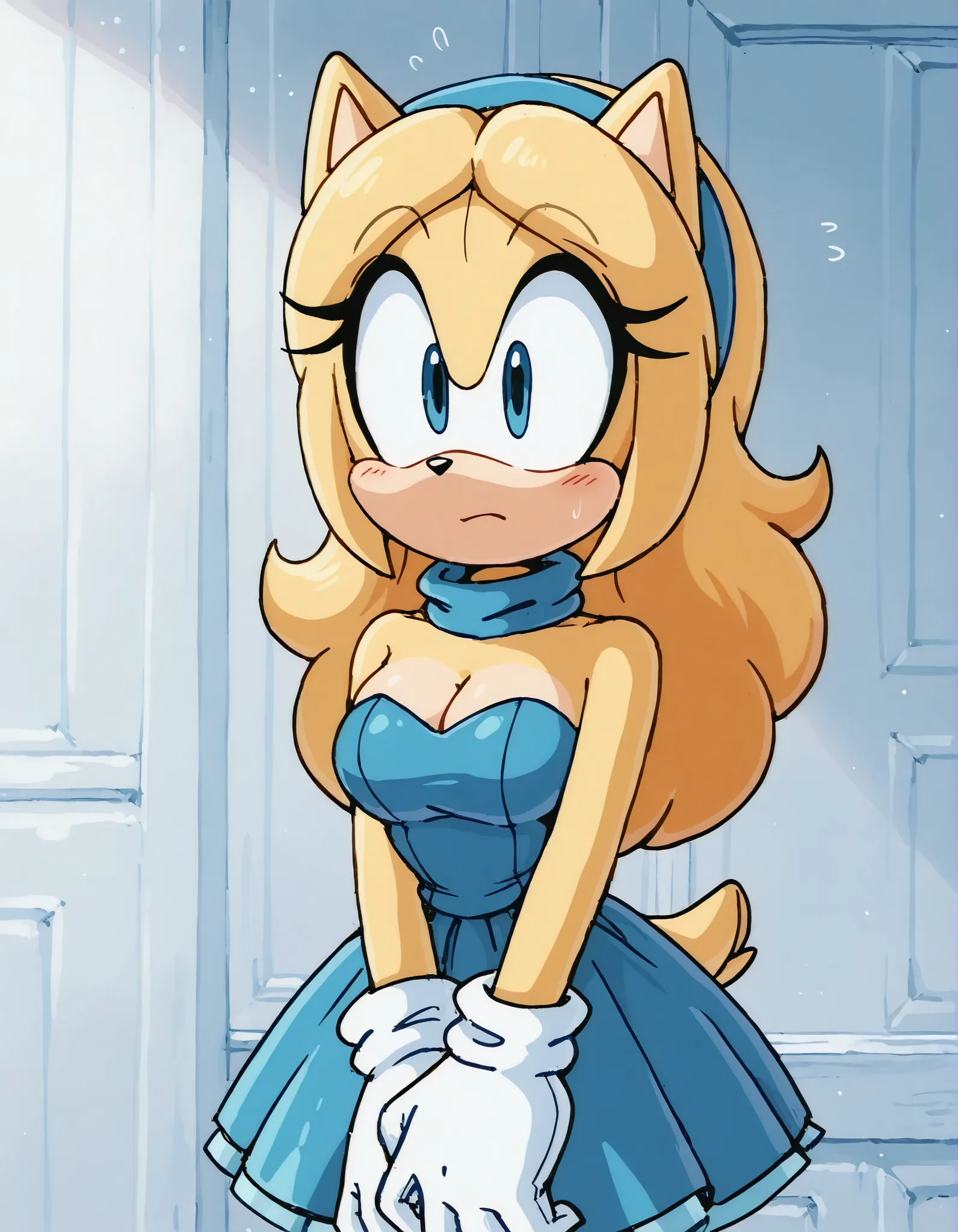 masterpiece, best quality, newest, absurdres, highres, very awa, 1girl, blue dress, mariarobotnikfurry, blonde hair, medium breasts, drgbls1