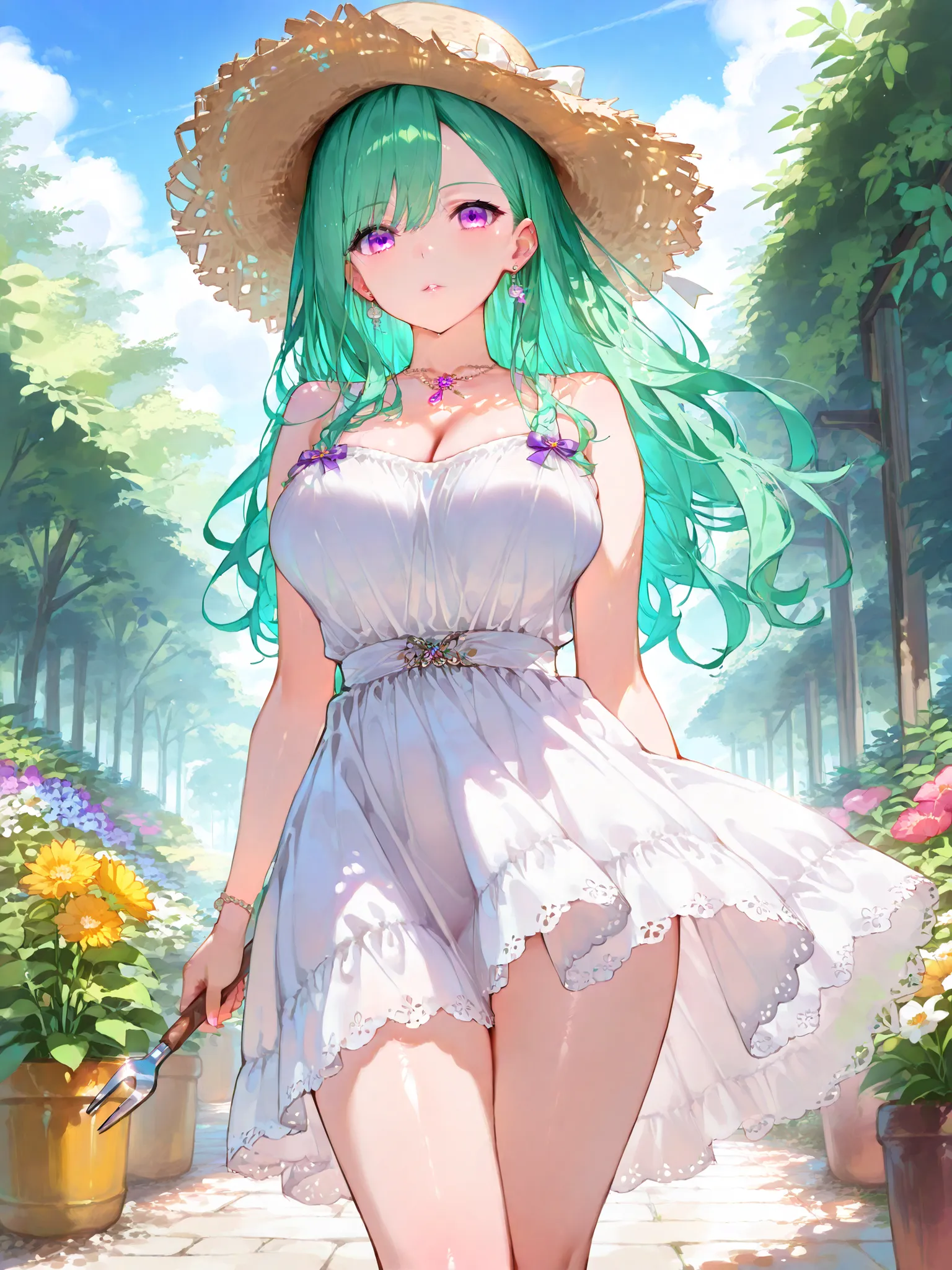 Yakumo Beni(Buispo)、.(Super Details)、((masterpiece)),(Highest Quality)、(very aesthetic)、emerald green hair、purple eyes in gla、masterpiece、outdoor、garden、Kusamura、earthen ground、sexy legs、standing、straw hat with tools、White Dress、Big Breasts