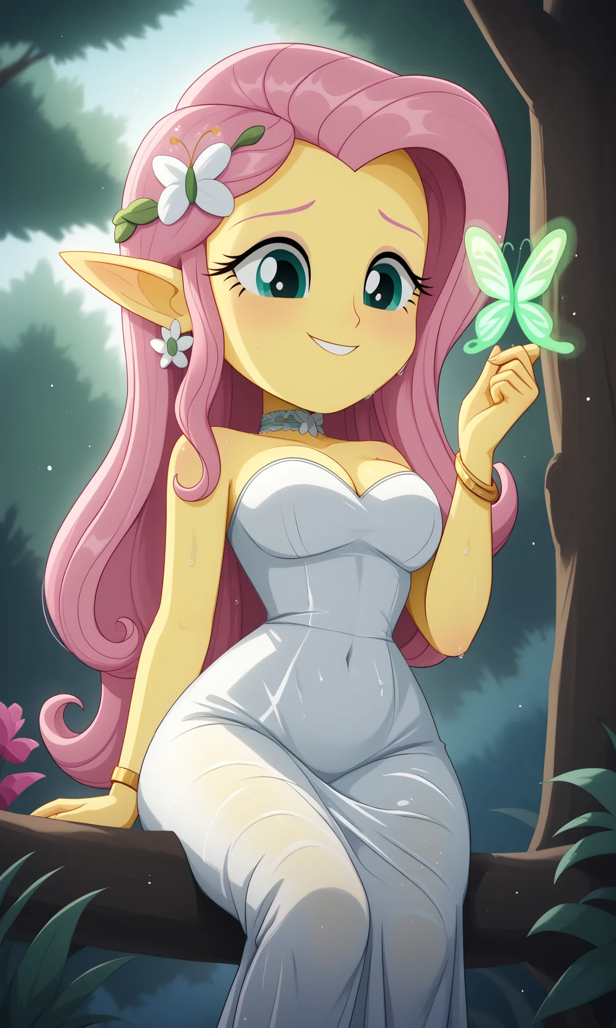 ((masterpiece, detailed image, soft skin, style_2d_chibi)), (fluttershy) 1girl, pink hair, alone, solo, breasts, Big breasts, colored skin, yellow skin, navy green eyes, hair ornament, flower in hair, flower, ((focus on face)), ((looking down)), ((from b...