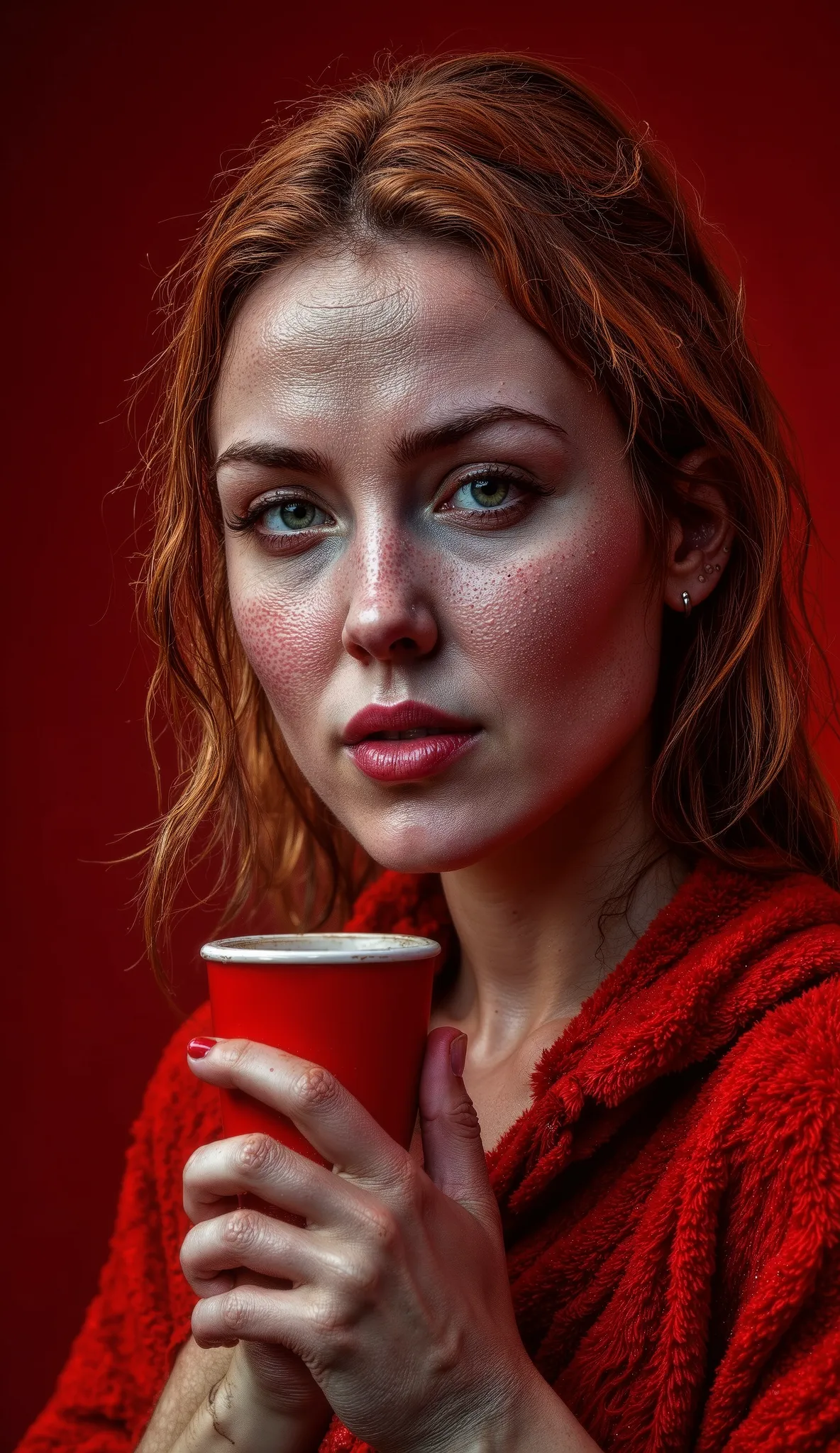 Epic realism portrait, low coloured photography, 25 years old pretty sexy sweaty smile woman holding cup of coffee red color and white dots with rising smoke, main red lights and shadows on face, light red background on atelier and sun shining from the out...
