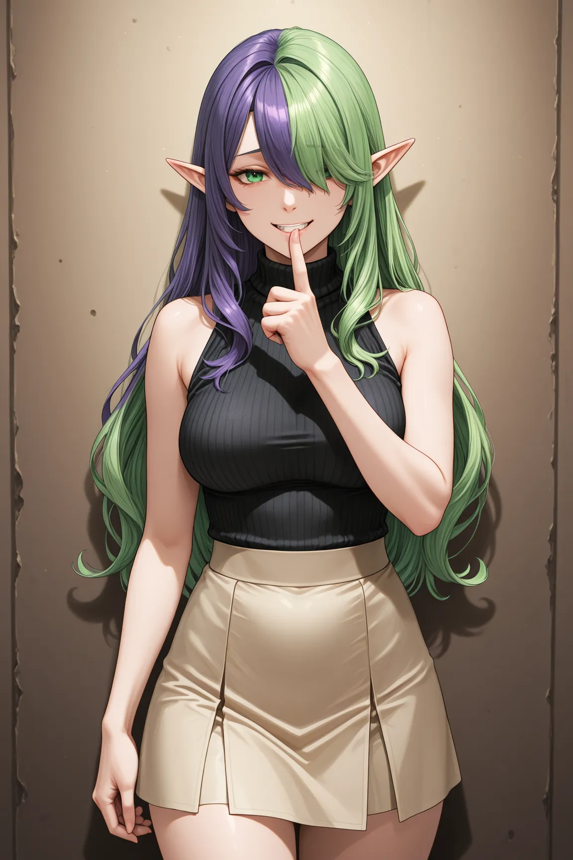  sepia color 、Comic page、one adult woman is standing facing the front、 cowboy shot,solo,suffering, green eyes, Hair on one eye, pointy ears, long hair, (green hair:1.2), (purple hair:1.2), multi-colored hair, two-tone hair, It's pointing with my right hand、Sleeveless black sweater、beige tight skirt、 Smiling her mouth