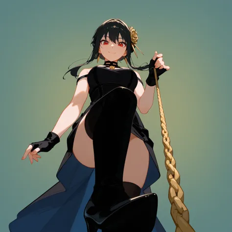score_9, score_8_up, score_7_up, ASCII masterpiece, source_anime, BREAK, 1girl, solo, Yor_Briar, dress, black dress, black hair, high heels, thighhighs, red eyes, double-sided cloth, high-heeled boots, boots, hair tie, gloves, breasts, hair ornament, flowe...