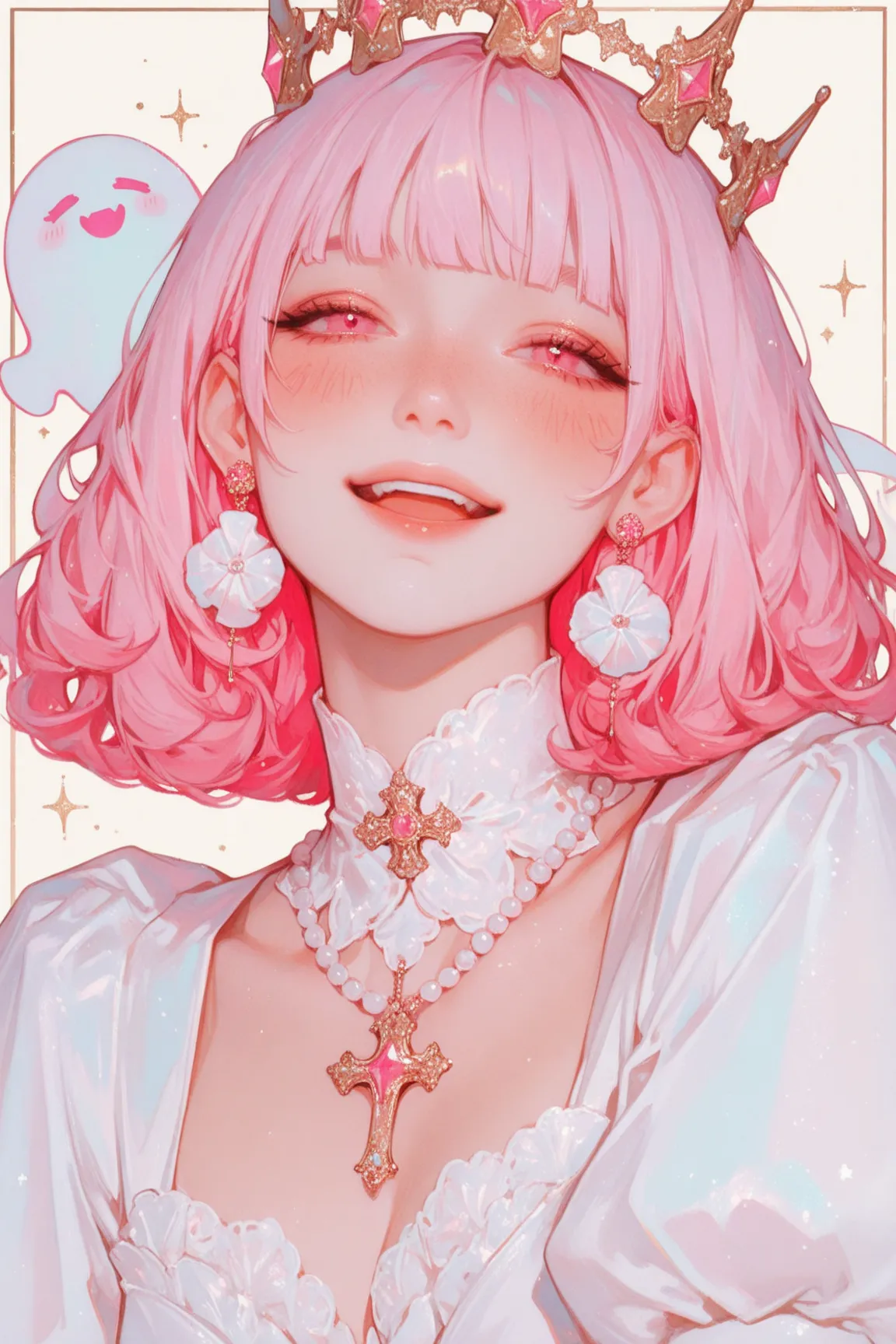 masterpiece, best quality, greenu, vibrant colors, high contrast, smooth & soft gradients, stylized realism, cartoon-like details, dreamy, 1girl, jewelry, necklace, ghost, pink hair, crown, smile, open mouth, looking at viewer, bangs, earrings, :d, blush, pearl necklace, puffy sleeves, teeth, pink eyes, upper teeth only, short hair, blunt bangs, medium hair, solo, dress, upper body, white dress, warm colors, vibrant colors, high contrast, smooth & soft gradients, stylized realism, cartoon-like details, dreamy, 1girl, jewelry, necklace, ghost, pink hair, crown, smile, open mouth, looking at viewer, bangs, earrings, :d, blush, pearl necklace, puffy sleeves, teeth, pink eyes, upper teeth only, short hair, blunt bangs, medium hair, solo, dress, upper body, white dress, warm colors, realistic