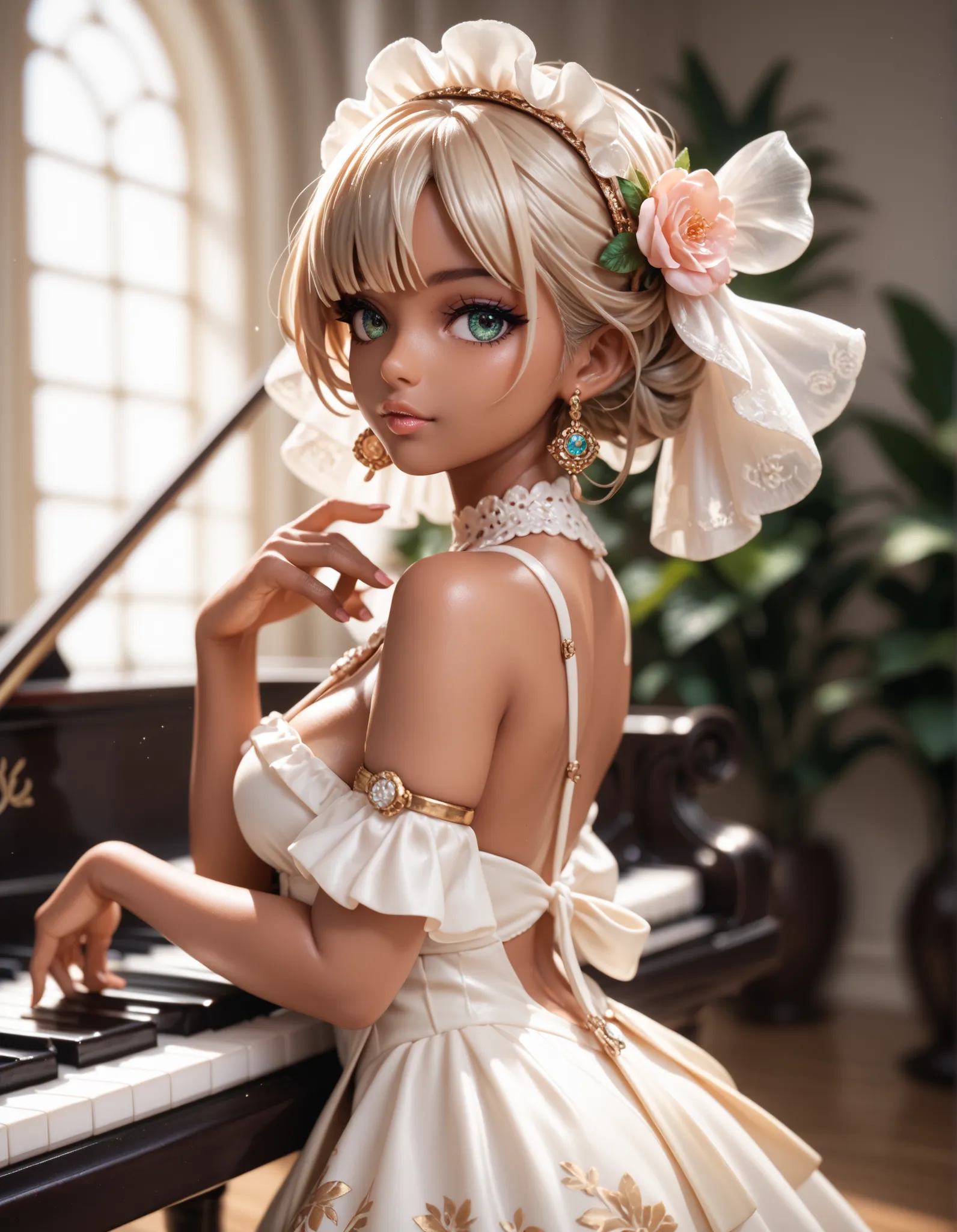 Beautiful pianist, tanned skin