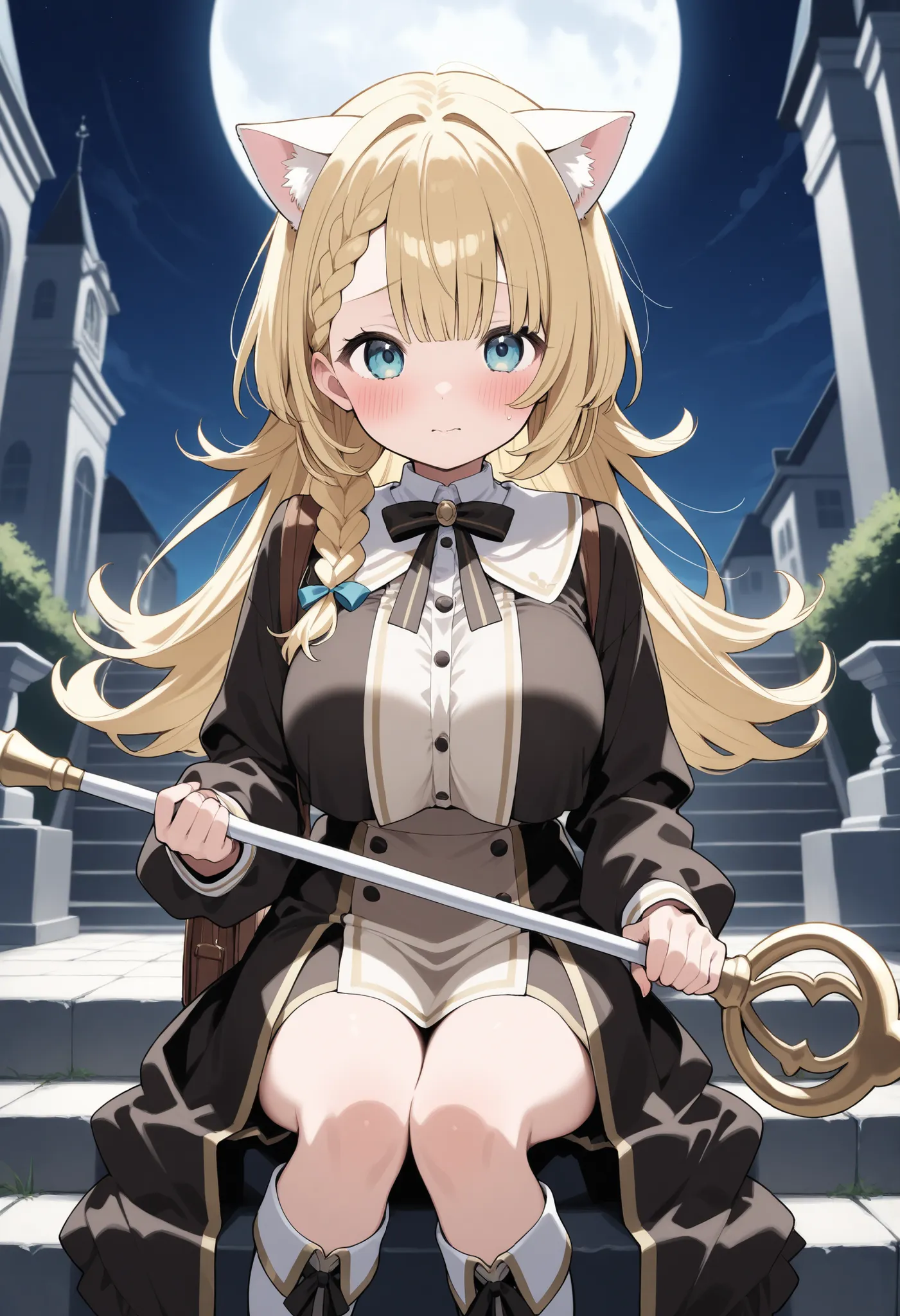 Blonde Cat Ears、bob cut blonde hair、 braids on both sides、big breasts、blush