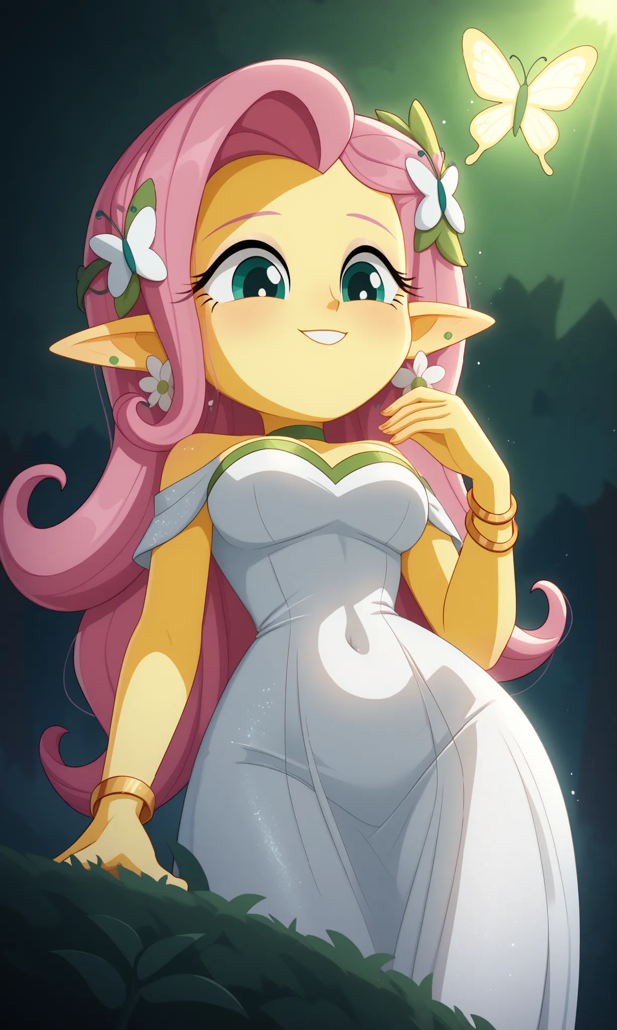 ((masterpiece, detailed image, soft skin, style_2d_chibi)), (fluttershy) 1girl, pink hair, alone, solo, breasts, Big breasts, colored skin, yellow skin, navy green eyes, hair ornament, flower in hair, flower, ((focus on face)), ((looking down)), ((from b...