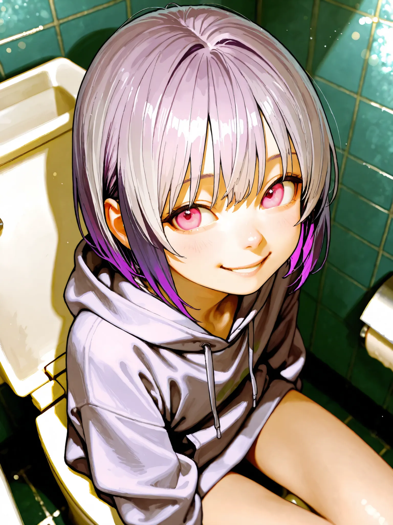 short girl, 1 girl,is young, flat chested,realisticな外観, big pink eyes, short bob、Two-tone purple hair and gray hair、plain hoodie、toilet、look back with a smile、細部にこだわったrealisticな影、movie stills, real、Highest Quality, realistic, 4K Rendering, ultra-fine text...