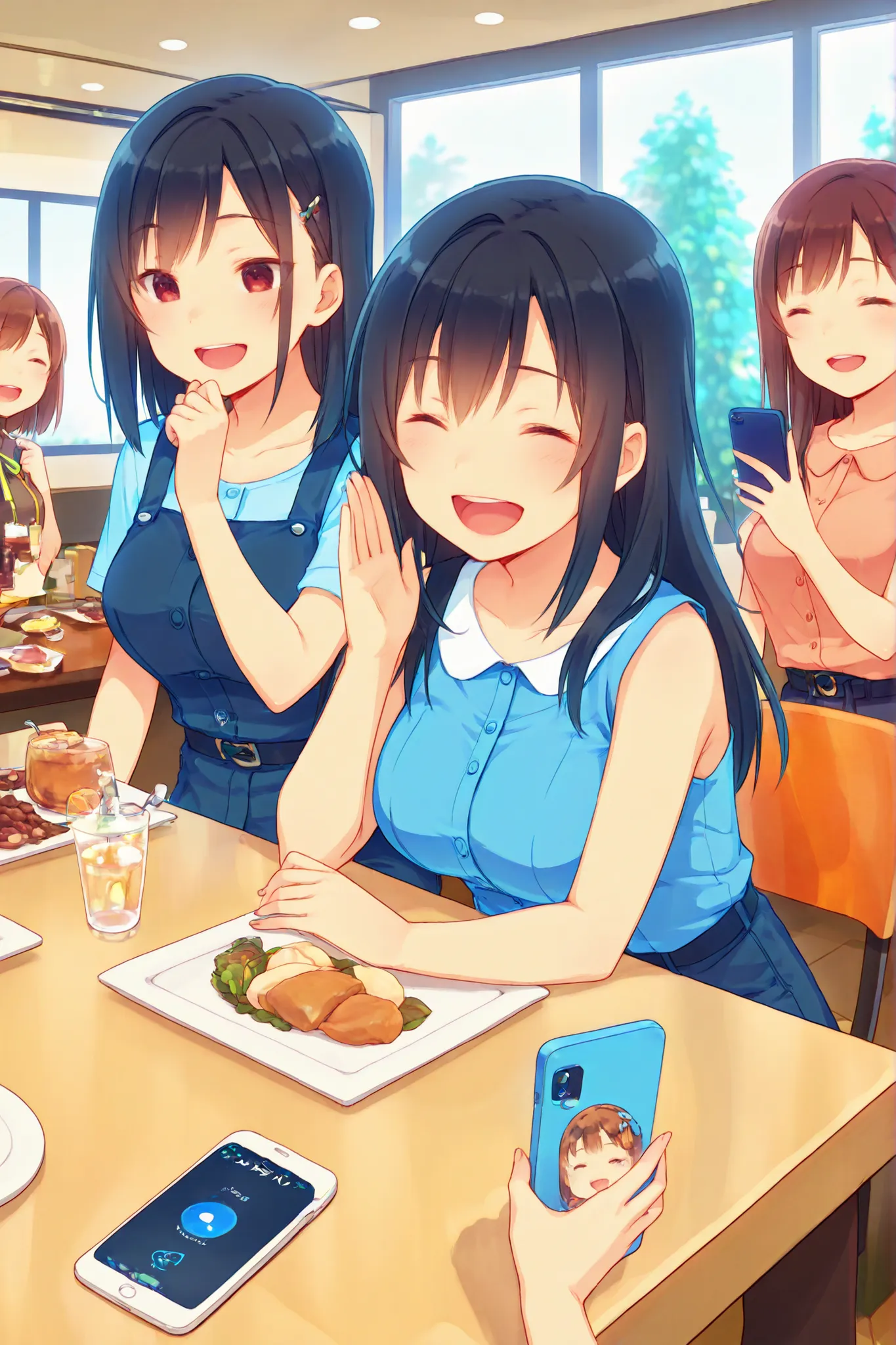 Alya apni friends ke saath cafeteria mein baithti hai Image Prompt: "A beautiful girl, Alya, sitting at a cafeteria table with her friends. She’s checking her phone and laughing, her confident and carefree energy standing out. The group is sitting at a tab...