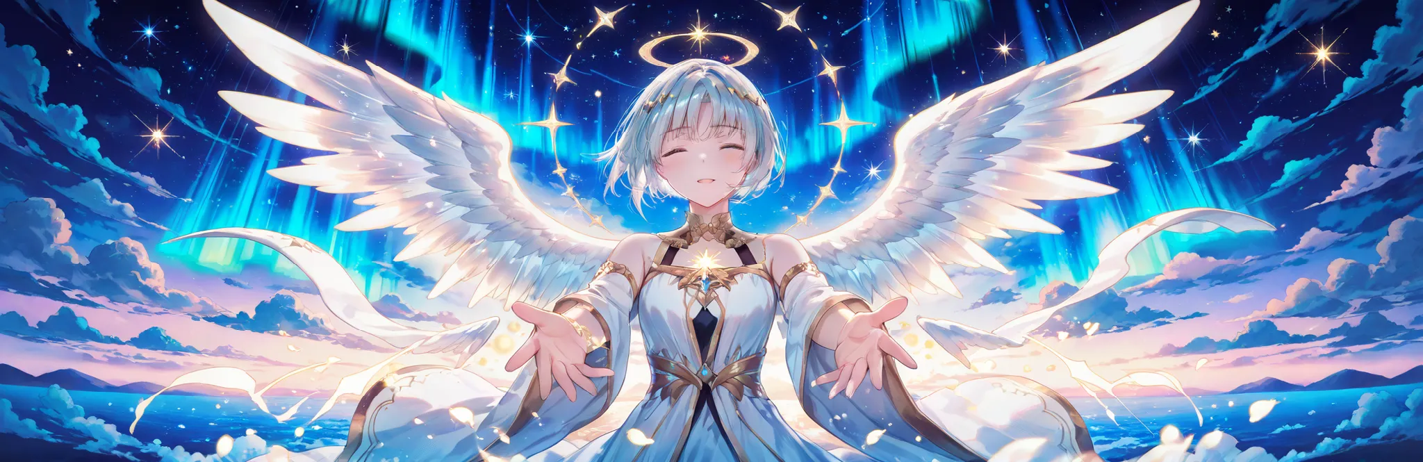angel boy, white hair, short hairstyle, halo above head, white wings, glowing wings, white and gold robe, sleeveless dress, floating mid-air, arms outstretched, starry sky, northern lights, aurora borealis, magical night sky, sparkling stars, deep blue bac...