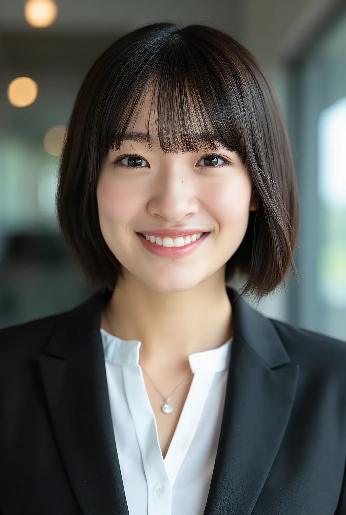 Neat Young Woman、and look at the camera、smile showing teeth、office lady suit、jacket、shirt、Hairstyle Shortcuts、bob hair、black hair、、necklace、dark eyeshadow、upper body、Background is in a room、
