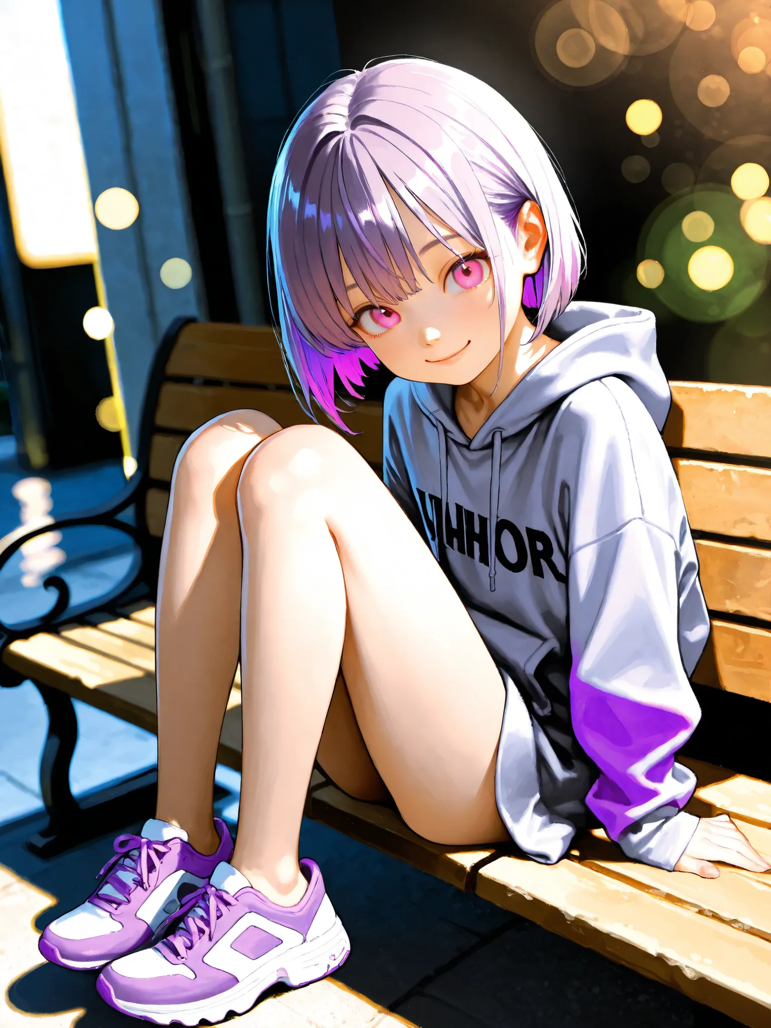 short girl, 1 girl,is young, flat chested,realisticな外観, big pink eyes, short bob、Two-tone purple hair and gray hair、plain hoodie、bench right at night、full body、smile、細部にこだわったrealisticな影、movie stills, real、Highest Quality, realistic, 4K Rendering, ultra-fi...