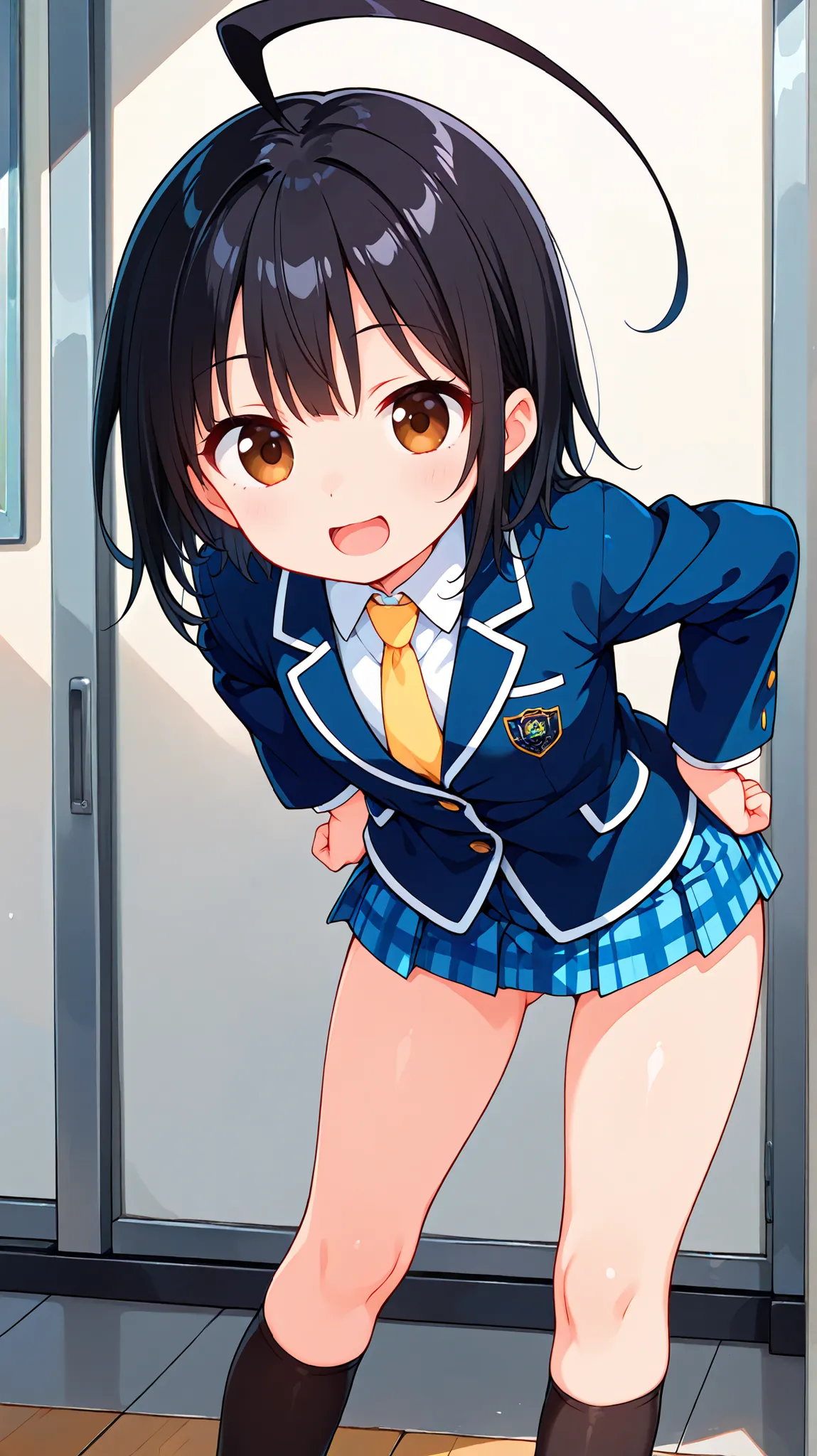 nsfw,((anime style)),score_9, score_8_up, score_7_up,masterpiece, best quality,ultra detail,,huge ahoge, negishi masako , 1girl , ((((((solo)))))),short hair,black hair ,long bangs,brown eyes,round eyes,(Flat Chest),school uniform,(((blue blazer))),light b...