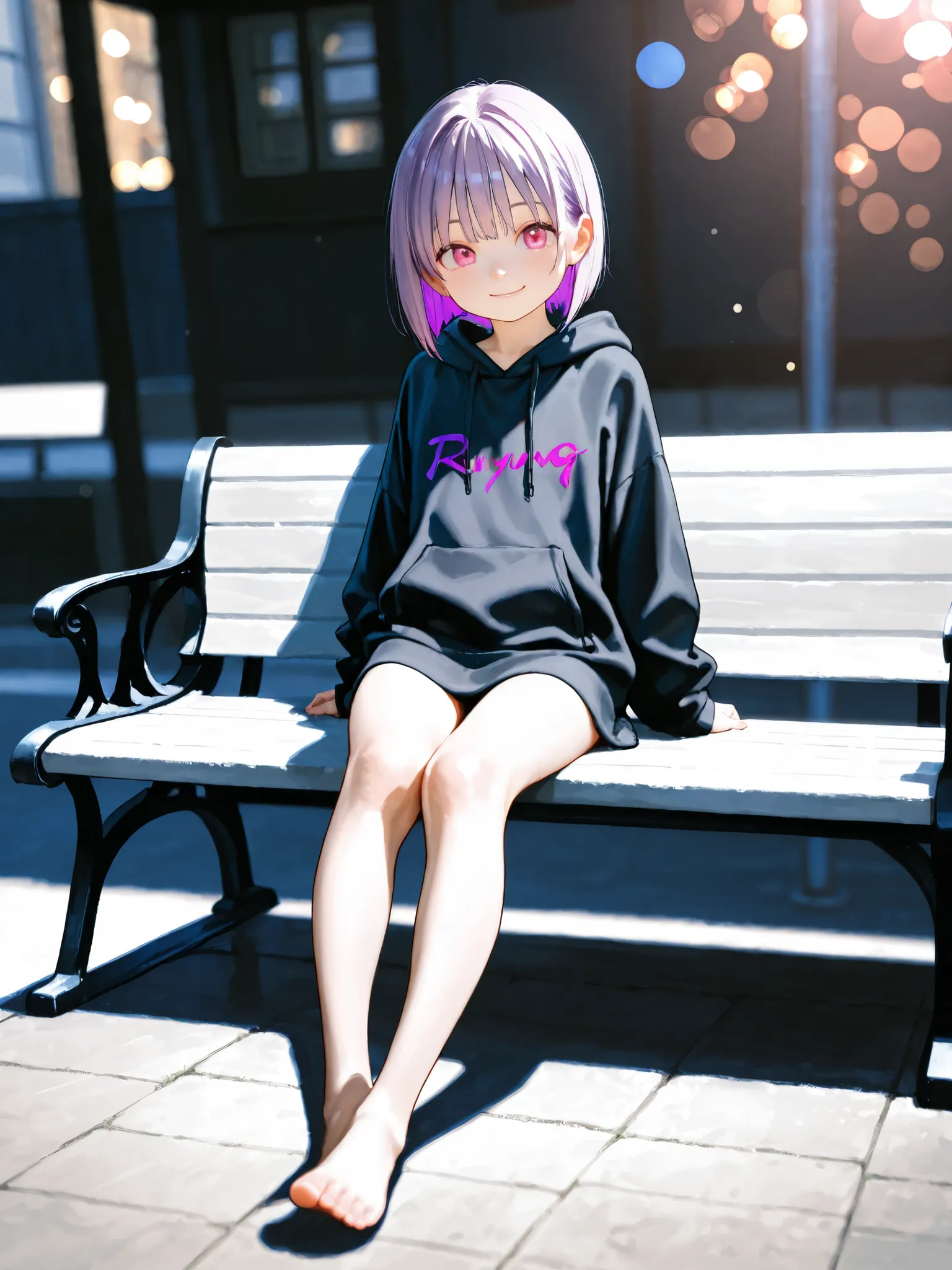 short girl, 1 girl,is young, flat chested,realisticな外観, big pink eyes, short bob、Two-tone purple hair and gray hair、black plain hoodie、bench right at night、full body、smile、naked、細部にこだわったrealisticな影、movie stills, real、Highest Quality, realistic, 4K Renderi...
