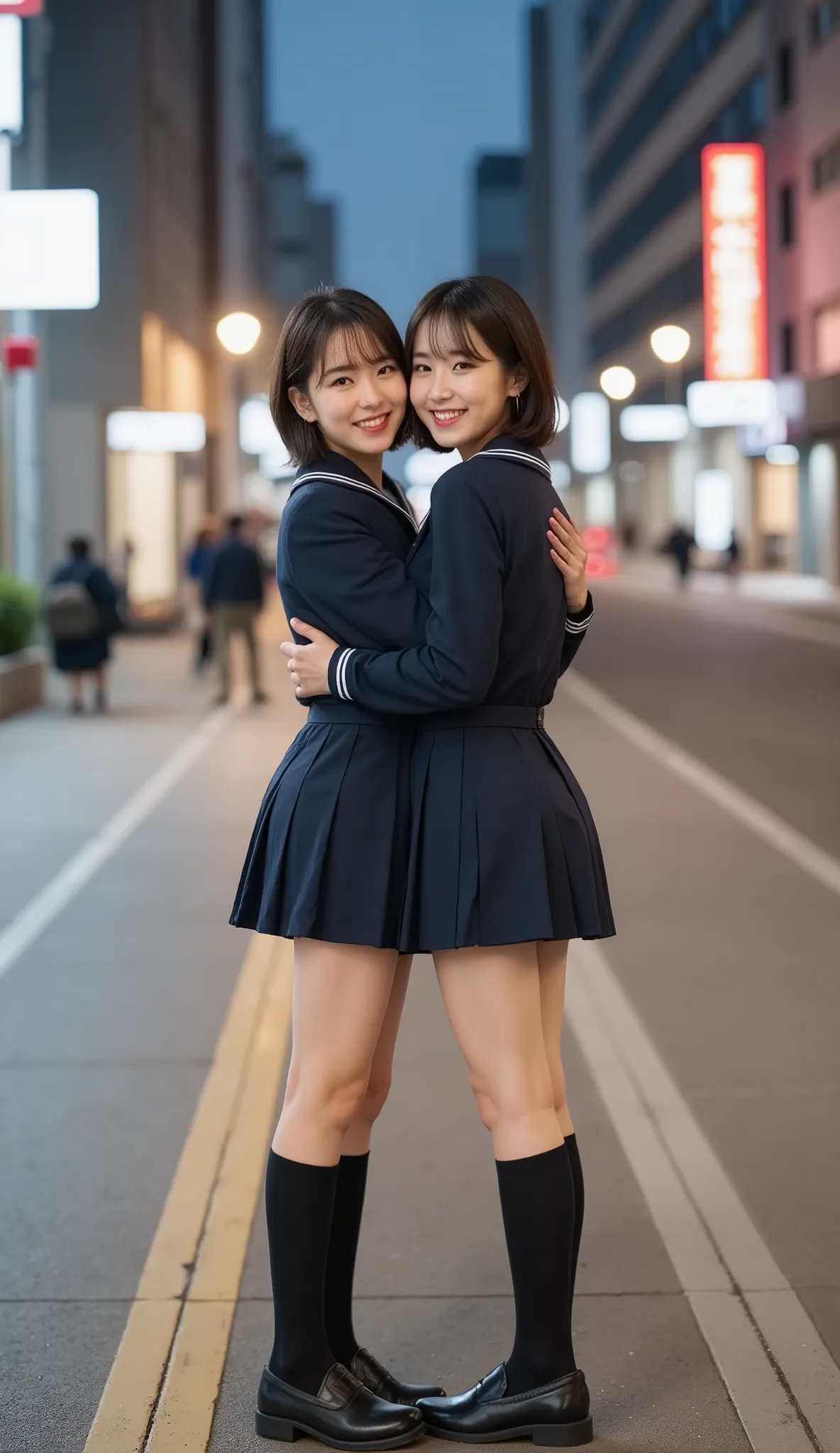 (Draw the whole body:1.ung Japanese woman hugged by Sachi、(dating)、(Urban sidewalk)、Night view and city lights、(upper eye use)、smile、blur background、((Navy Sailor Suit))、(navy blue pleated mini skirt)、white skin、beautiful dark hair、bob cut、light makeup、Bea...