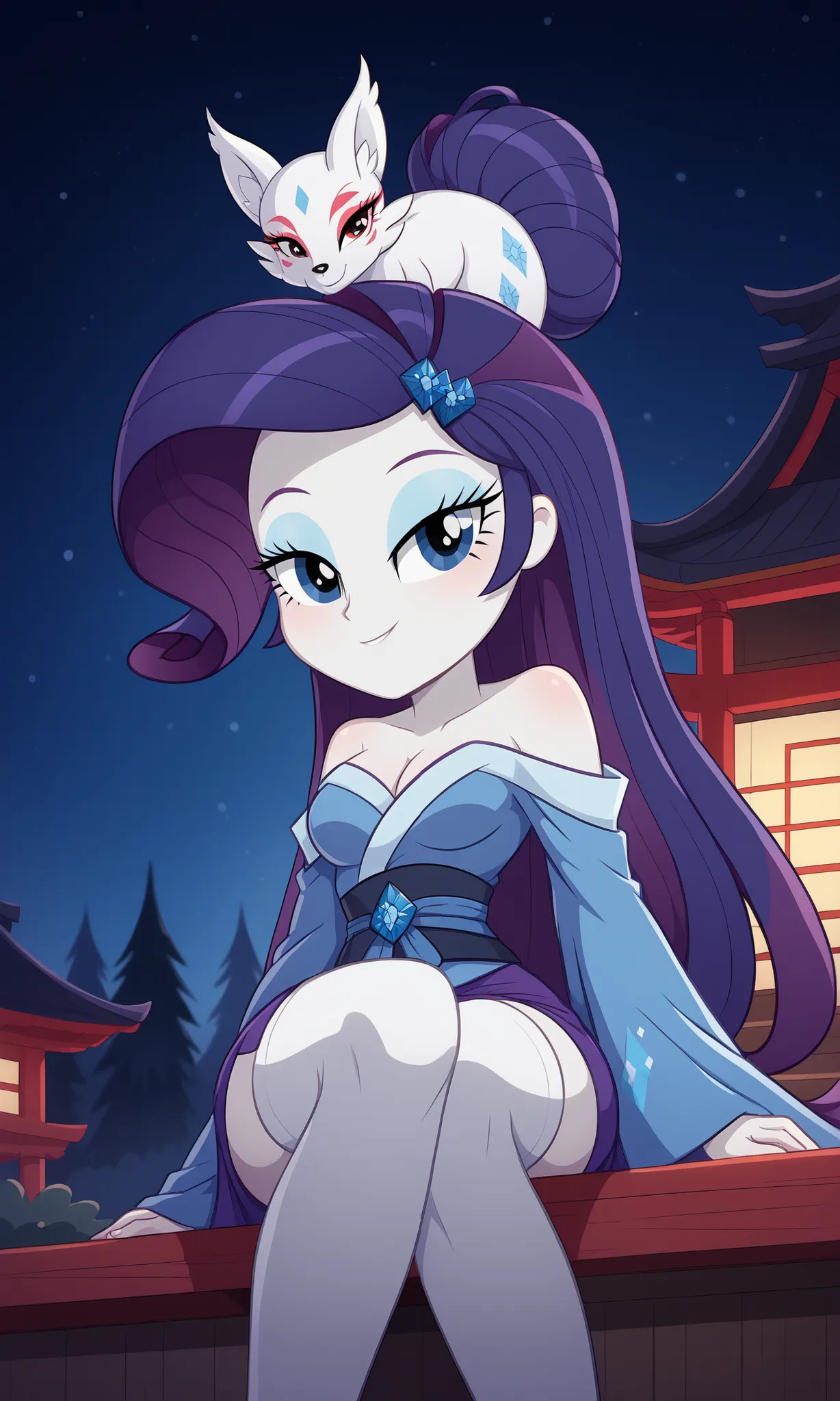 masterpiece, detailed image, soft skin, style_2d_chibi, (rarity)1 girl, alone, blue hair, colored skin, purple hair, multi-colored hair, long hair, bun, bangs, blue eyes, , mizutsune armor, mizutsune (armor), japanese clothes, kimono, detached sleeves, h...