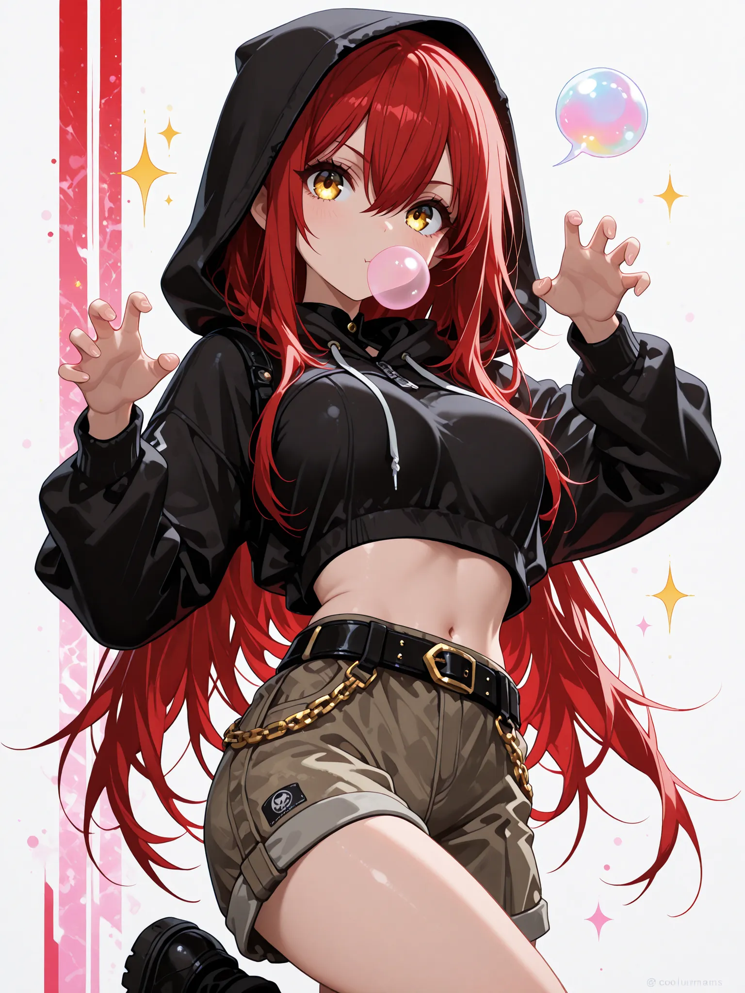 1 girl , golden eyes , very long hair , long sidelocks, red hair ,half updo, petite , very cute , beautiful ,Straight hair, cool, handsome, hair between eyes, sexy, mediumlarge breasts, hoodie with hood, crop hoodie, hood up, cargo shorts, rivet belt, slan...