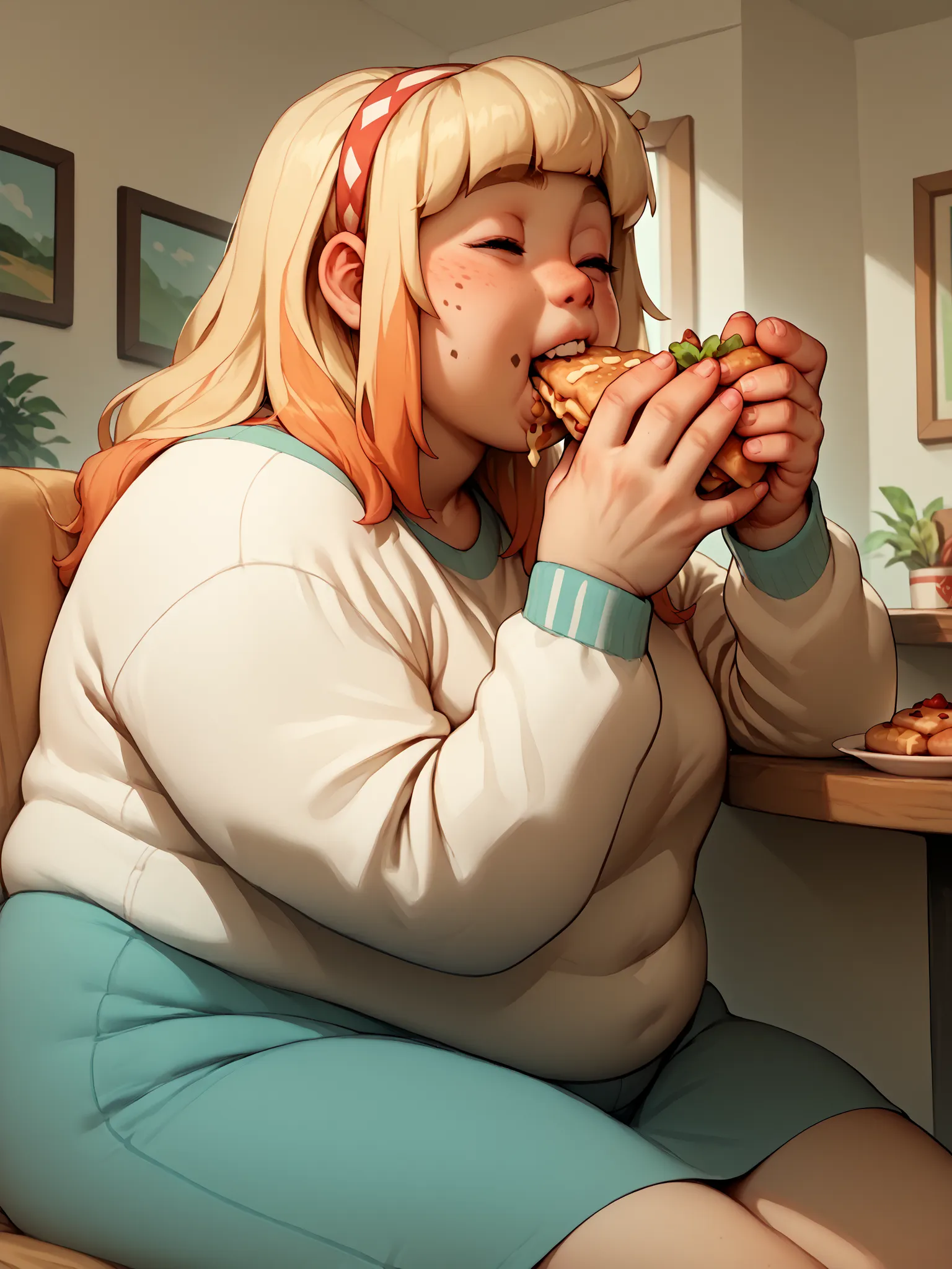 Score_9, score_8_up, score_7_up, score_6_up, score_5_up, score_4_up, chubby bbw female eating at the job with food on her face. Blond hair. 5 digits on each hand. Satisfied look on her face.