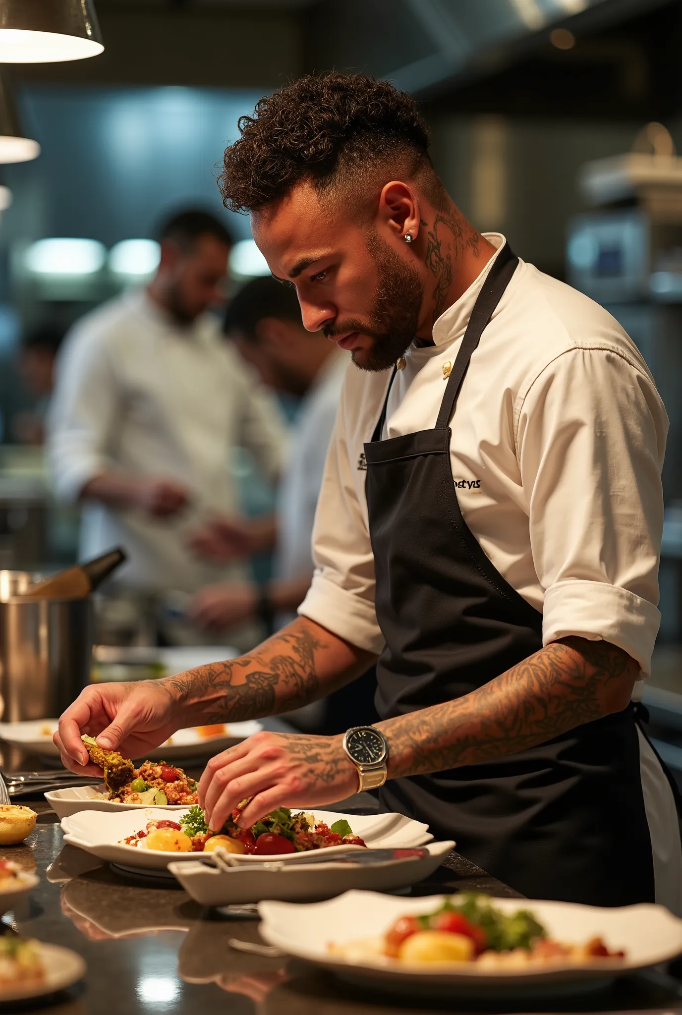 Neymar cooking in a restaurant