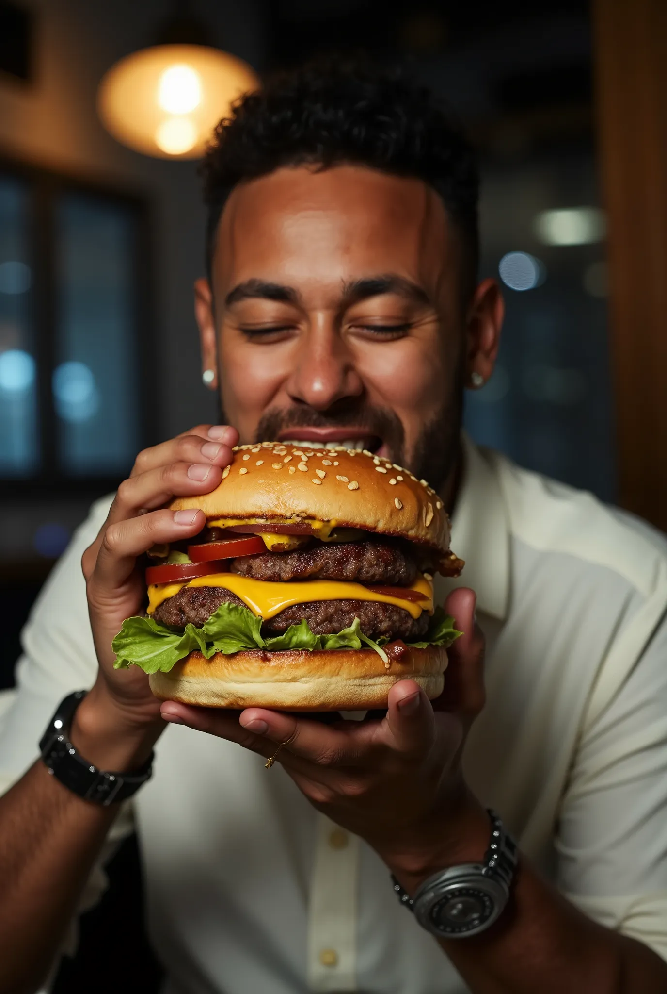 1 Man, Epic intricate portrait of dreamlike eating a (huge burger:1.3) at restaraunt,  wearing white shirt, sharp focus, dark background, professional lighting, subsurface scattering, f2, 35mm, film grain