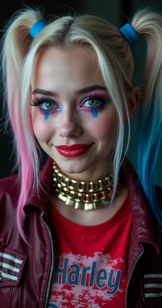 Close-up portrait of a young xxxx, likely Caucasian, in her late xxxx or early twenties, embodying the character Harley Quinn.  Xxx displays a mischievous, slightly smirk-like expression, and her eyes are captivating, with vibrant blue and pink makeup, accentuated by a striking heart-shaped design.  Her hair is styled in a vibrant pink and vibrant blue color, in twin pigtails secured by blue bands, cascading down her back.  Xxx wears a bold, metallic gold choker necklace with a series of rectangular links.  Over a red, distressed graphic tee, she sports a shiny, maroon-red bomber jacket with white stripes along the sleeves. The graphic tee features the word "Harley" in a stylized font.  The lighting is dramatic, highlighting the details of the makeup and creating depth and contrast.   The colors are vivid and saturated, with a focus on the bold pink, blue, and red tones. The overall composition is a close-up, focusing on the subject's facial expression and elaborate character design.  The background is a dark, slightly out-of-focus setting, providing a dramatic backdrop to the character's persona.  The image has a stylish and fashionable atmosphere, fitting the comic book/superhero character.  Photorealistic, cinematic lighting, highly detailed.