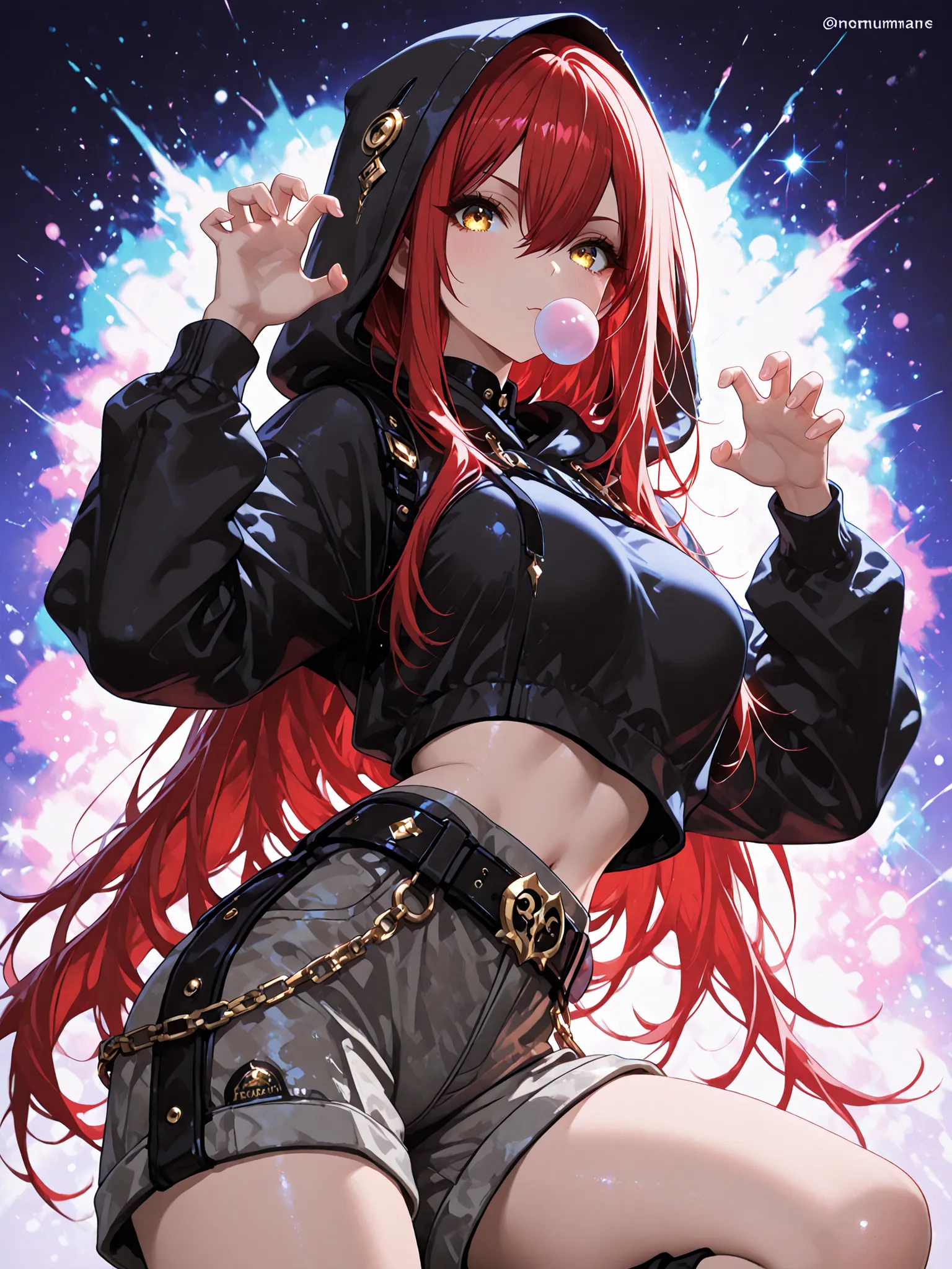 1 girl , golden eyes , very long hair , long sidelocks, red hair ,half updo, petite , very cute , beautiful ,Straight hair, cool, handsome, hair between eyes, sexy, mediumlarge breasts, hoodie with hood, crop hoodie, hood up, cargo shorts, rivet belt, slan...