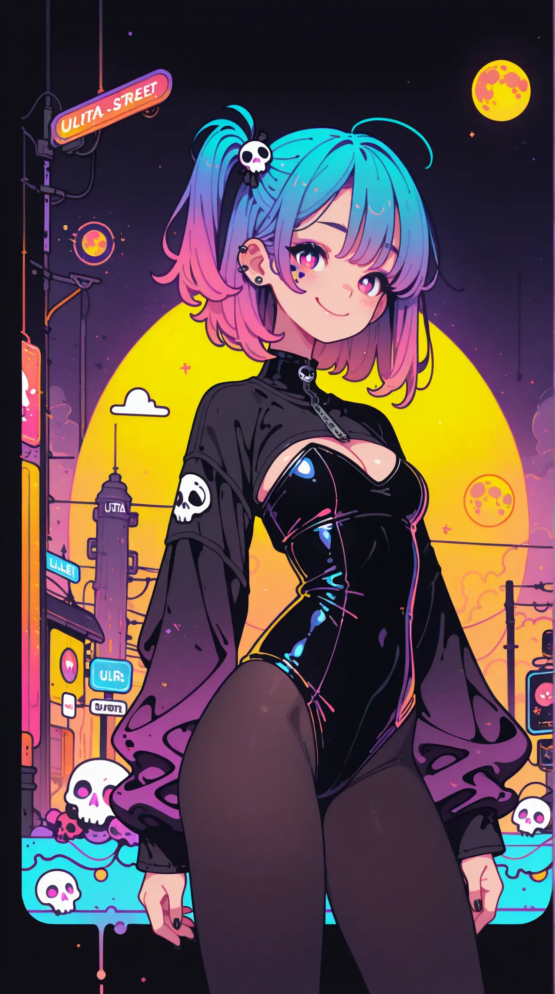 ((top quality)) , (Ultra High Definition) , (ultra details) , (depicted in every detail) , ((Best Photos)) , (best works of art on the Moon) , Ultra Precision Art , amazing depiction techniques , female, gradient hair color, Smile, Side Ponytail, Punk...