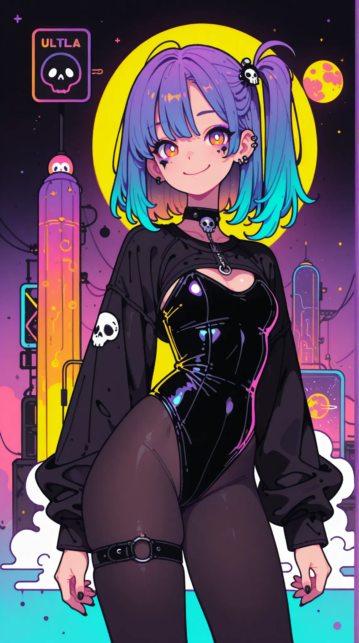 ((top quality)) , (Ultra High Definition) , (ultra details) , (depicted in every detail) , ((Best Photos)) , (best works of art on the Moon) , Ultra Precision Art , amazing depiction techniques , female, gradient hair color, Smile, Side Ponytail, Punk...
