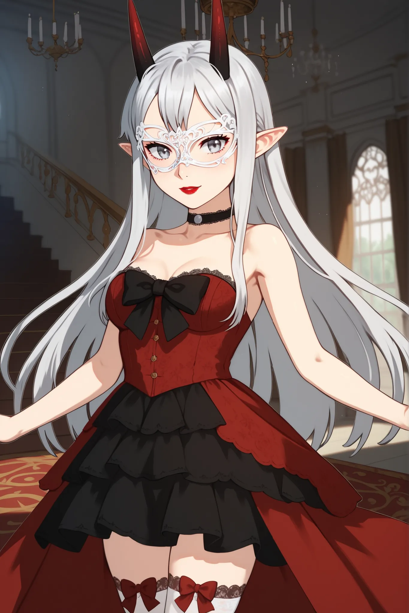 score_9, score_8_up, score_7_up, by nilsunna, ghibli style, masterpiece, anime style, high quality, best quality, high definition, 4k, 1girl, solo, young female, silver hair, silver eyes, white mask, lace mask, red lipstick, horns, black choker, red and bl...