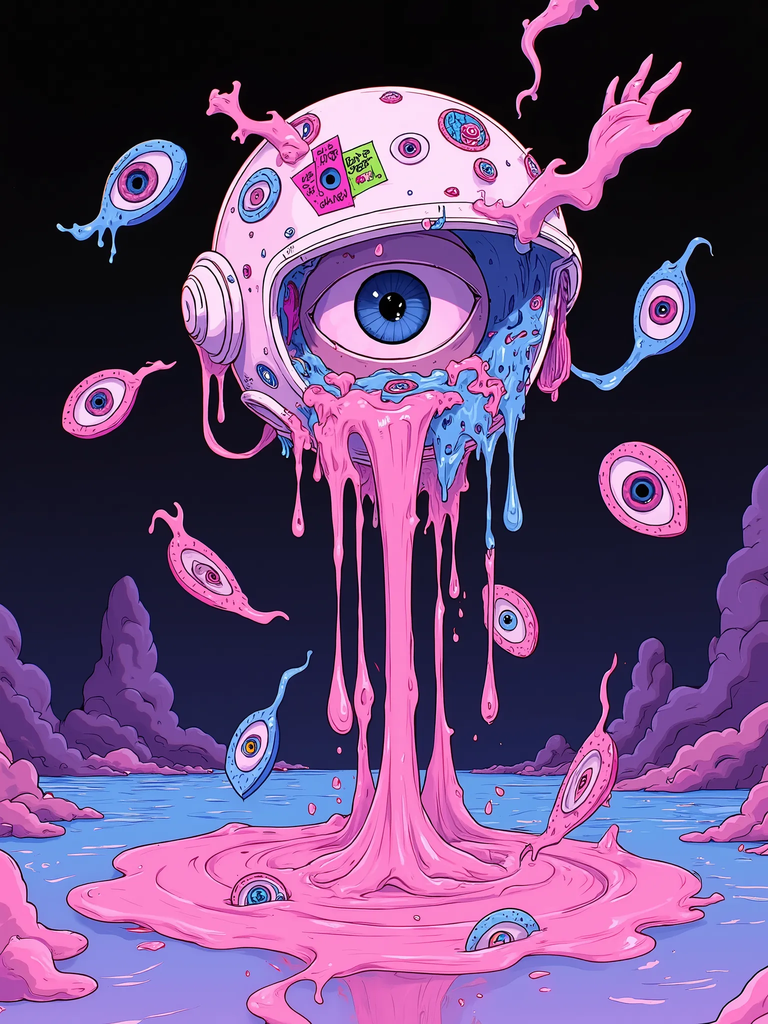 Helmet broken and head beheaded floating without a body in the void of a pastel colors liquids flowing, an eye floating as well, spectre going out as a flow, a hand floating how to asking for help, a couple of colored stickers on helmet, pop and dark surre...
