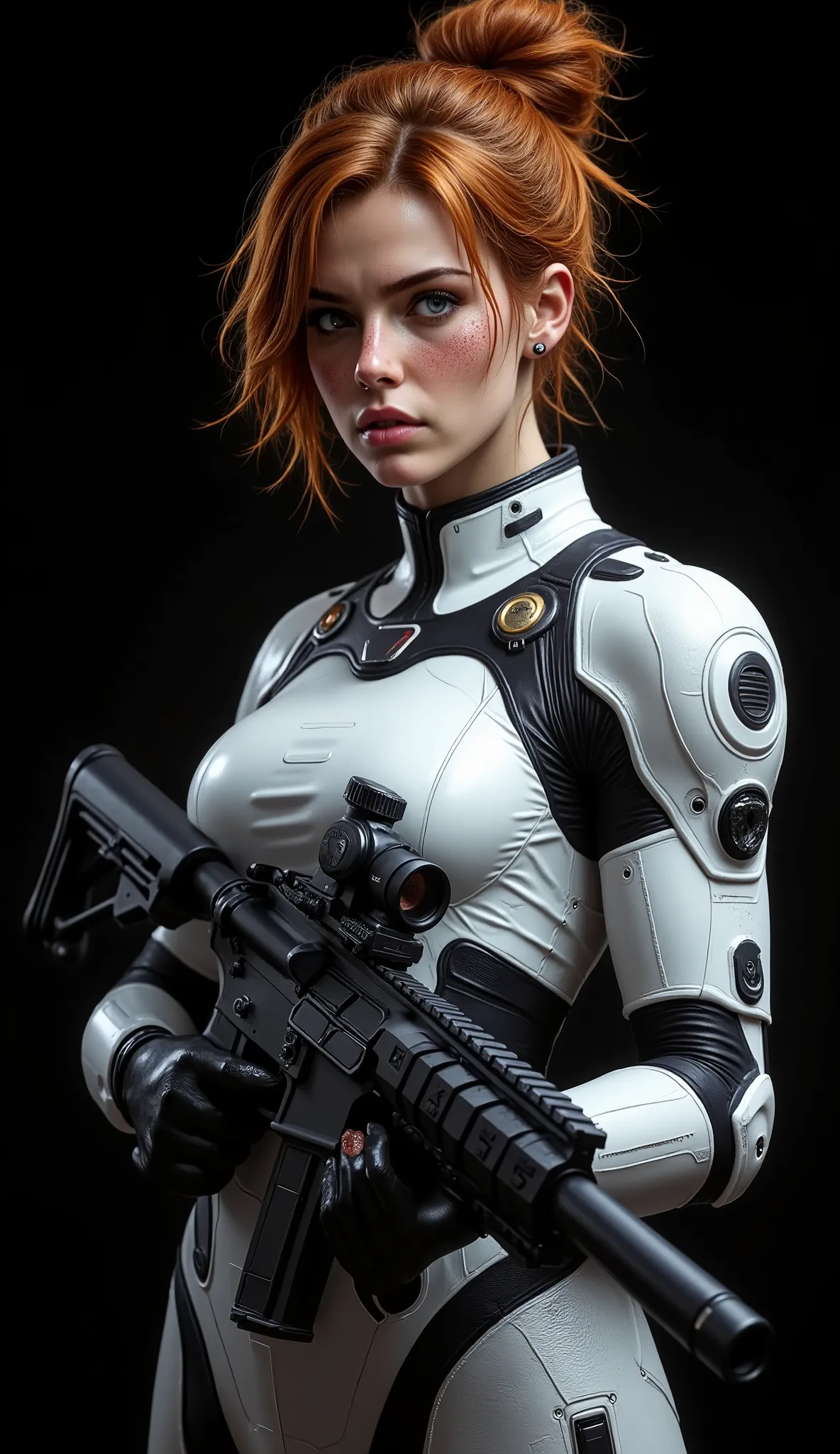 Side shot of the bust from head to chest of a 20 year old woman, high quality, 4k, she is a futuristic space marine, cinematic fiction, full framed image, side frontal, very pretty, freckled, orange-redhead with abundant hair and a bun on each side of her ...