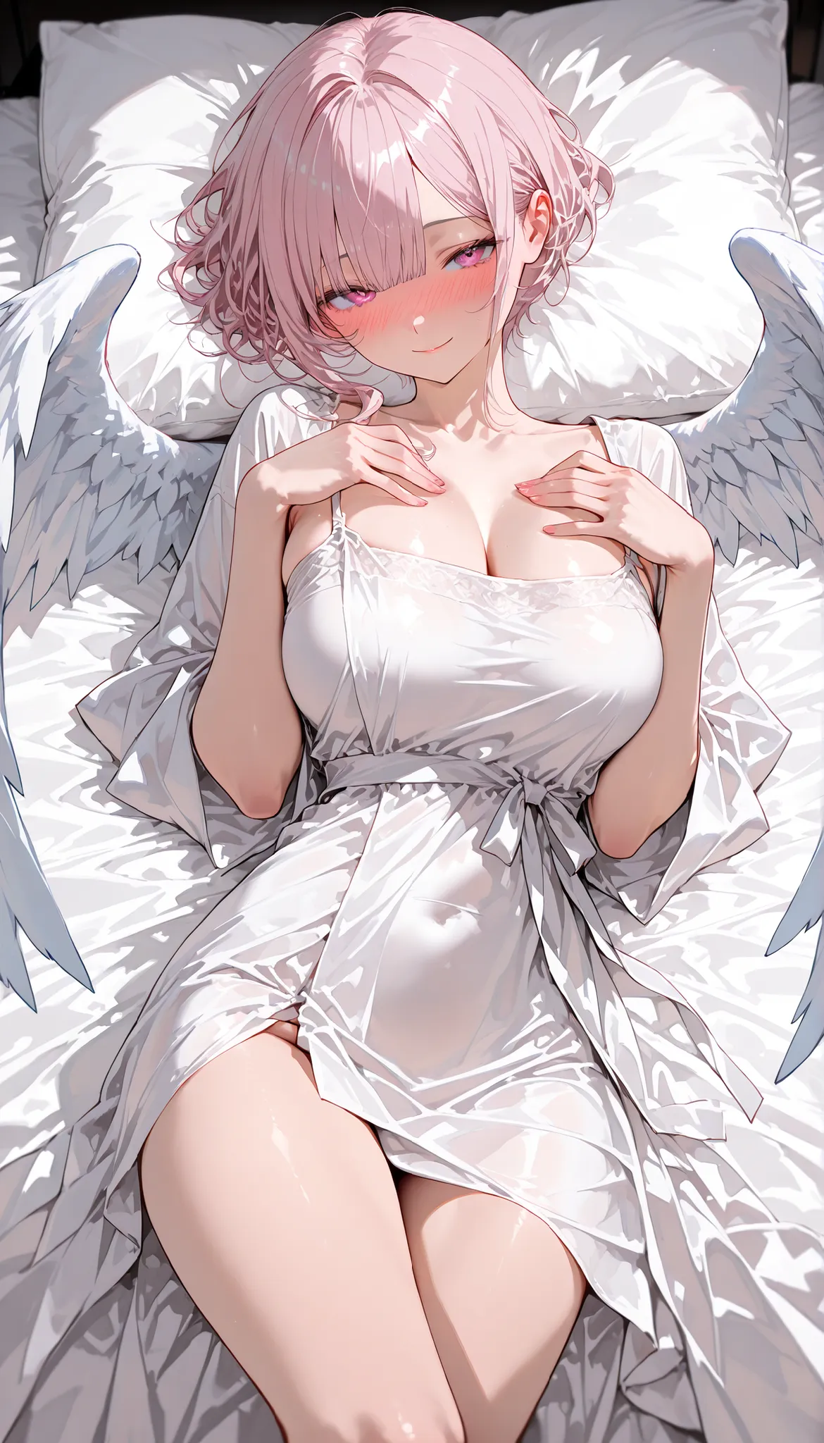 top quality, masterpiece, ultra-precise, ((top quality, masterpiece:1.3)), (sharp focus:1.2), (A beautiful, mature woman with a perfect body, seductive), (pink eyes), (선명한 눈매), (curl hair, very short hair, light pink hair, bangs), (small angel wing, white ...