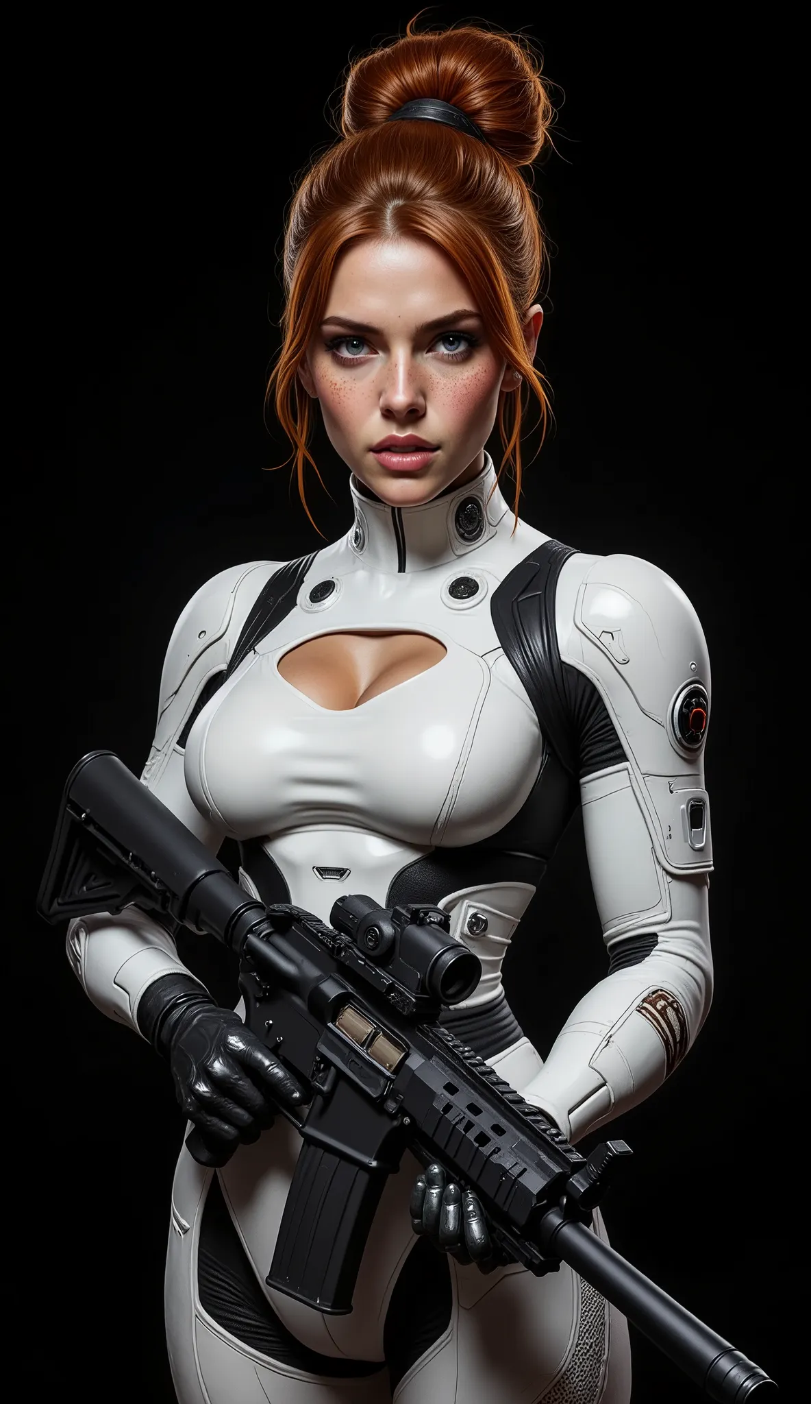 Side shot of the bust from head to chest of a 20 year old woman, high quality, 4k, she is a futuristic space marine, cinematic fiction, full framed image, side frontal, very pretty, freckled, orange-redhead with abundant hair and a bun on each side of her ...