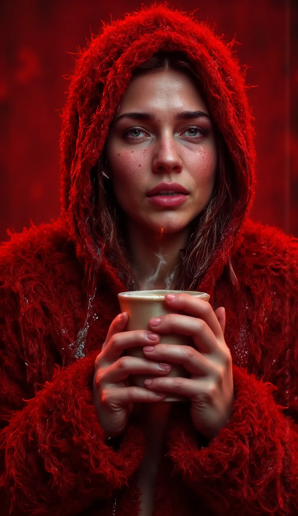Epic realism portrait, low coloured photography, 25 years old pretty sexy sweaty smile woman holding cup of coffee red color and white dots with rising smoke, main red lights and shadows on face, light red background on atelier and sun shining from the out...